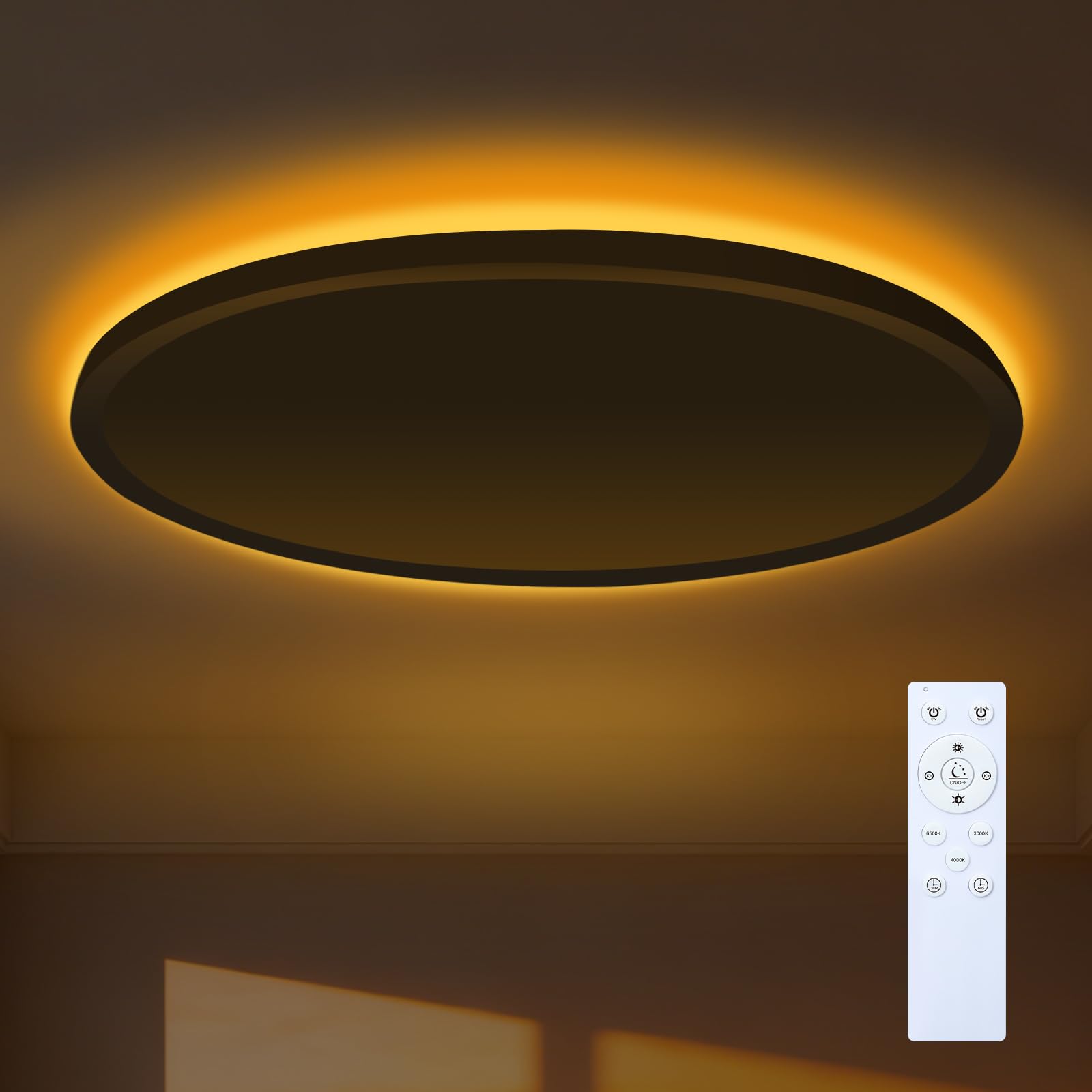 Plafonnier LED, 24W Carré Lampe de Salle de Bain avec télécommande, intensité 3000K-6500K, veilleuse 1800K Ambre