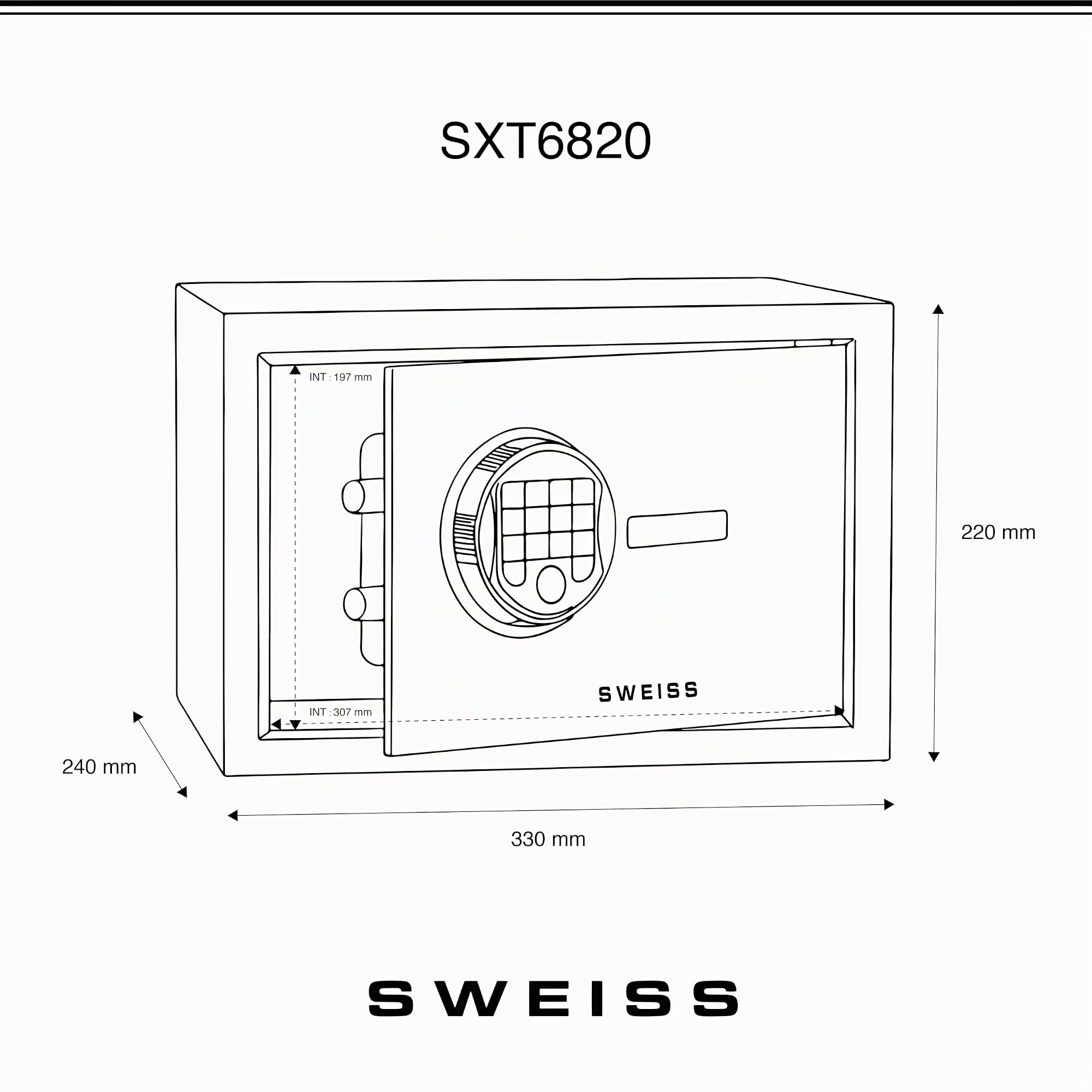 SWEISS Coffre-Fort Électronique - Empreintes Digitales, Clés & Code, SXT6820-8L, Sécurité 3 en 1, Acier Renforcé, Affichage Digital, Éclairage LED, USB Type-C, 2 Clés de Secours – Noir