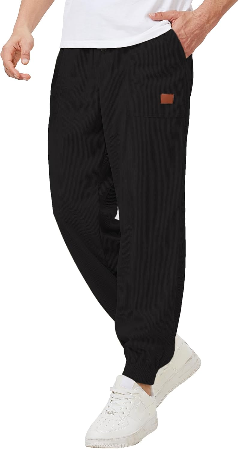 Men's Corduroy Casual Pants Lightweight Drawstring Elastic Waist Baggy Tapered Joggers Pants with Pockets