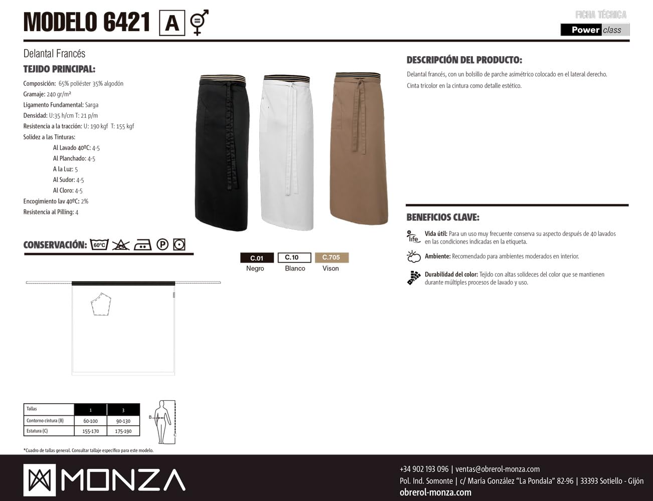 Grembiule francese per ospitalità professionale Unisex. Tasca con toppa asimmetrica sul lato destro. 65% poliestere 35% cotone. Abbigliamento cuoco / cuoco. Rif: 6421