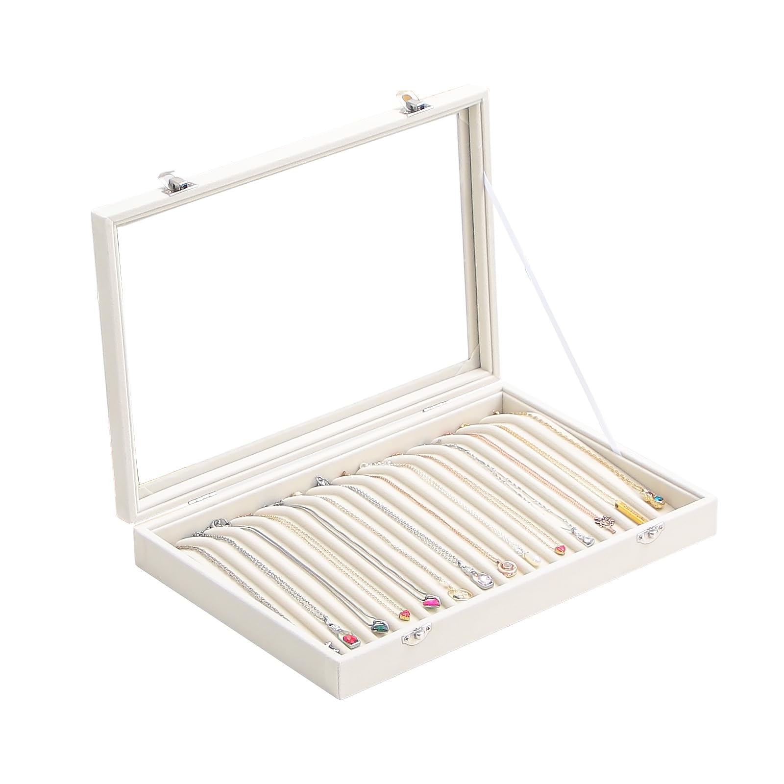 14 Haken Halsketten-Aufbewahrungstablett, Samt-Halsketten-Organizer-Box mit transparentem Deckel, Schmuck-Organizer-Schubladenablage für Anhänger und Halsketten, für Damen und Mädchen (Beige)