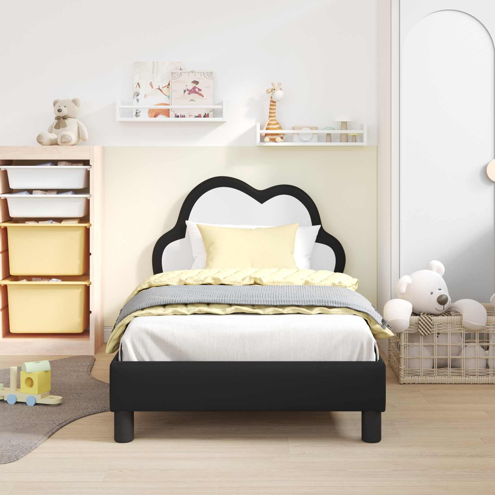 Marco de cama juvenil negro 80 x 160 cm con somier y bolsillos de almacenamiento, moderna cama individual para habitación de niños, habitación juvenil y espacios pequeños
