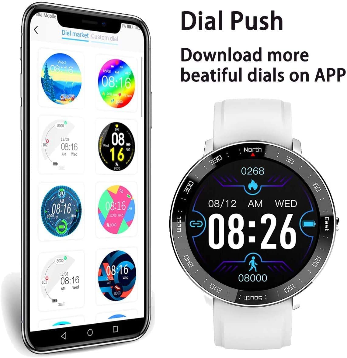 Inteligentny zegarek, wysokiej klasy modne zegarki męskie i damskie, sfigmomanometr, telefon komórkowy Bluetooth 5.0, telefon synchroniczny, Wechat (biały)