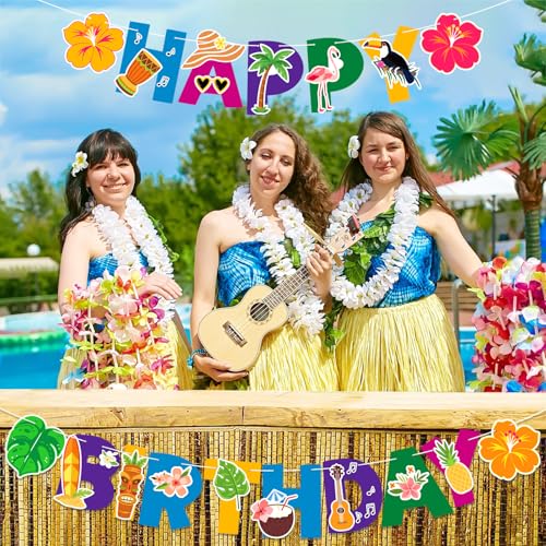 Image of Hawaiian Happy Birthday Banner Tropical Birthday Banner Colorful Hawaiian Luau Flamingo Pineapple Palm Leaf for Kids Summer Baby Shower Party Decorations Supplies