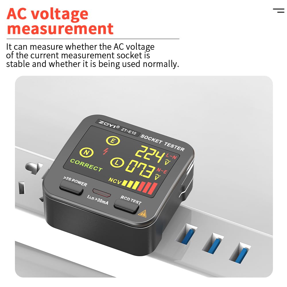 ZOYI E10 Mains Wiring Socket Tester, Live Voltage & Wiring Display, Colour LCD, Non-Contact Voltage Detector, Audible Alert - Image 2
