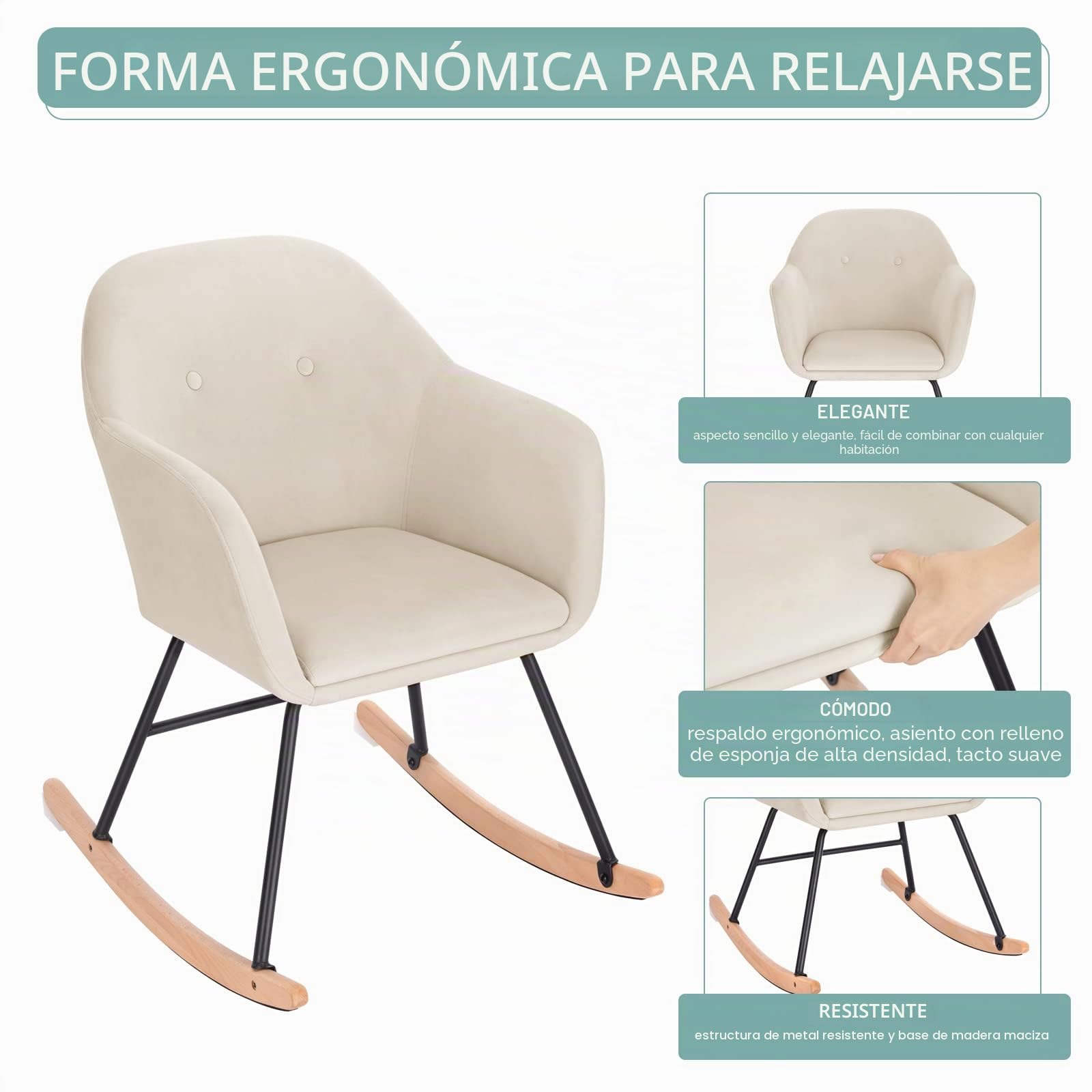 WOLTU Sillón Mecedora Lactancia Relax con Reposa Tapizado Reclinable Tejido de Terciopelo Pierna de Metal Madera Crema SKS16cm