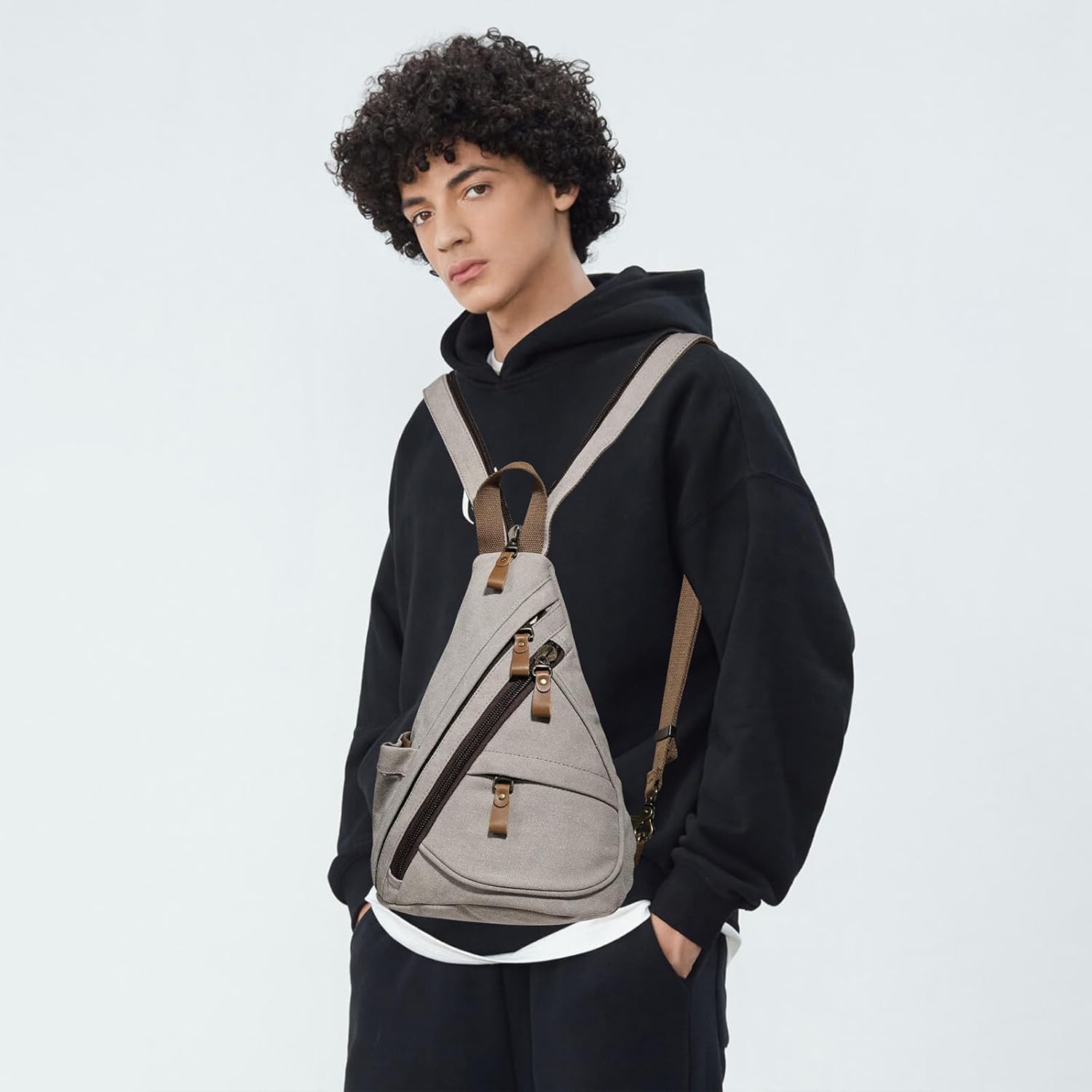 KL928 Canvas Sling Bag - Small Crossbody Backpack Shoulder Casual Daypack Rucksack for Men Women(Small Version, Leaden) - Image 8