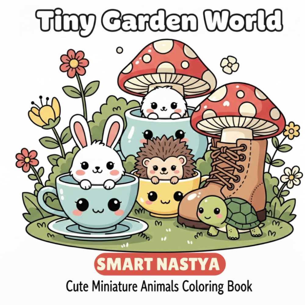 Tiny Garden World: Cute Miniature Animals Coloring Book for Kids and Adults | Teacup and Mushroom House Coloring Pages | Cozy Fantasy Garden Coloring Book with 40+ Adorable Tiny Creatures