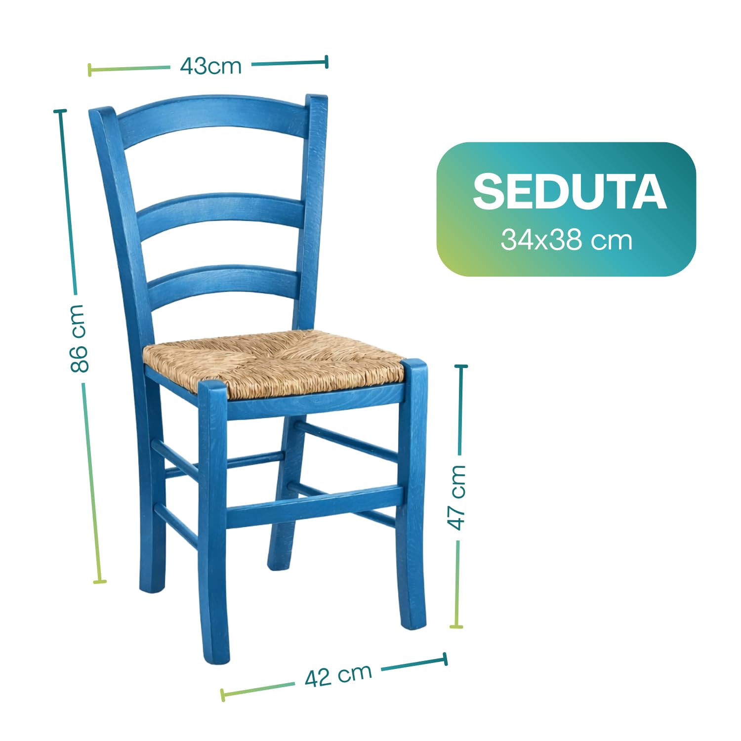 VIRSUS Set 2 Sedie Paesana in Legno con Seduta in Paglia, Misura 43x42x86 cm, Sedia Tradizionale Robusta, per Casa, Cucina, Agriturismo, Ristorante, Made in Italy (Azzurro)