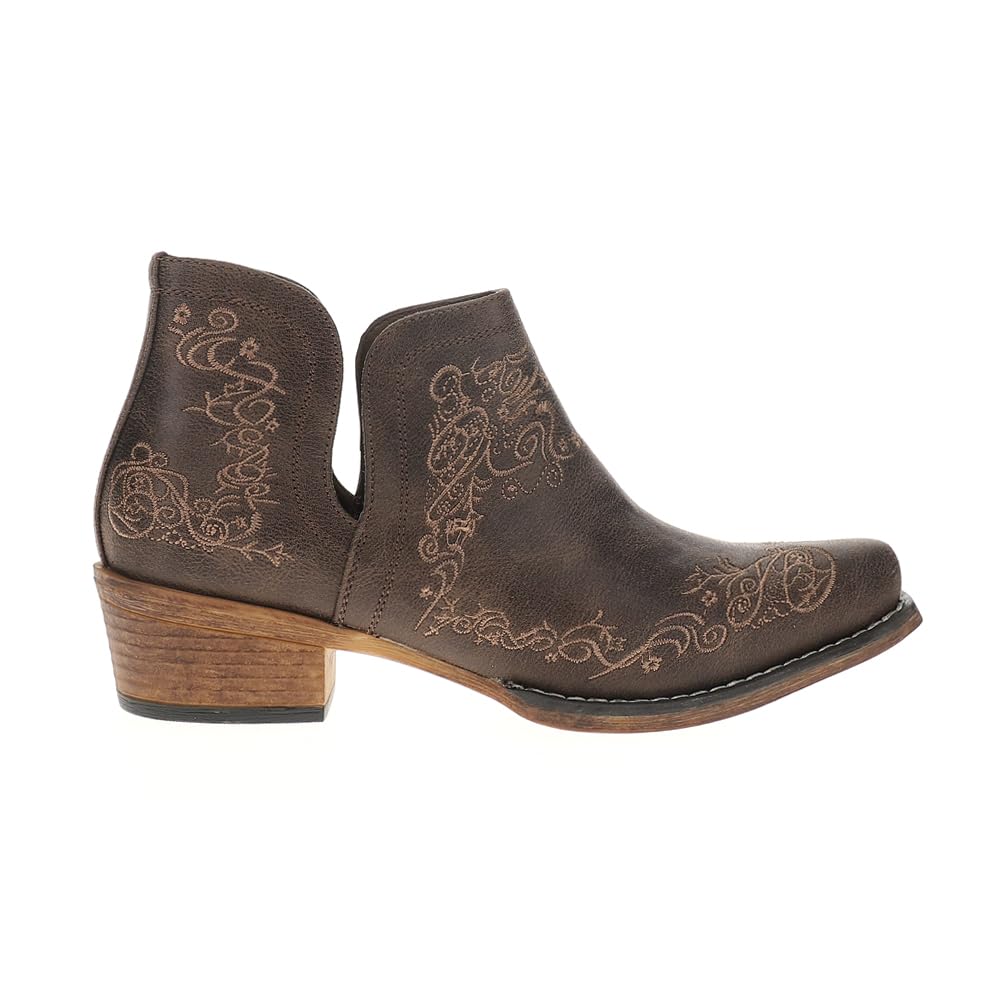Roper Womens Ava Scroll Embroidered Snip Toe Casual Boots Ankle Low Heel 1-2 - Brown