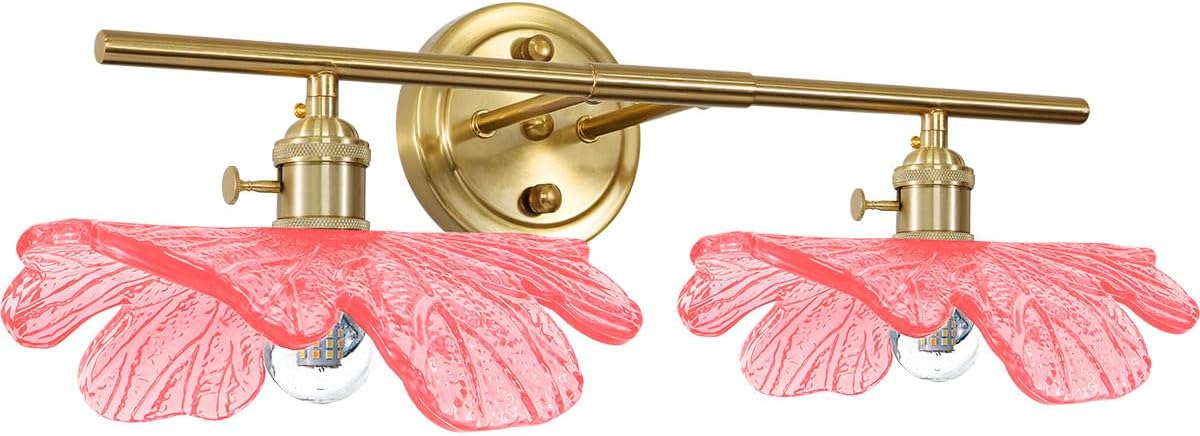 2 Light Bathroom Vanity Lights Over Mirror, Vintage Wall sconces with Pink Glass Shade Bathroom Sconce Gold Vanity Lighting Fixture mid Century Wall Sconce Light for Bedside Bedroom Doorway