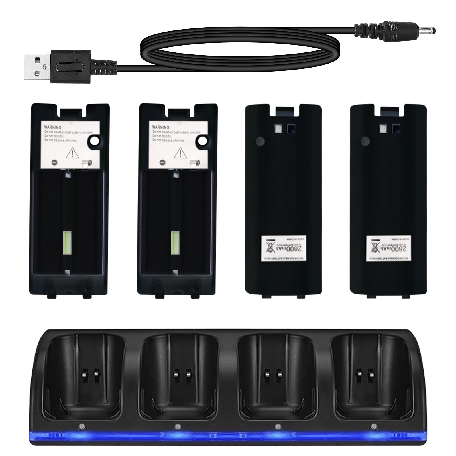 Stazione di Ricarica per Controller WII 4 in 1, Stazione Di Ricarica con 4 Batterie Ricaricabili Da 2800 Mah e Indicatori LED per Il Controller Wii (Nero)