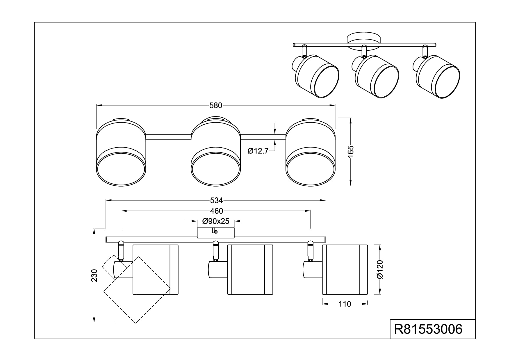 Reality Leuchten Davos Spotbalken R81553006, Metall Chrom, Stoff Grau/Weiß, exkl. 3x E14