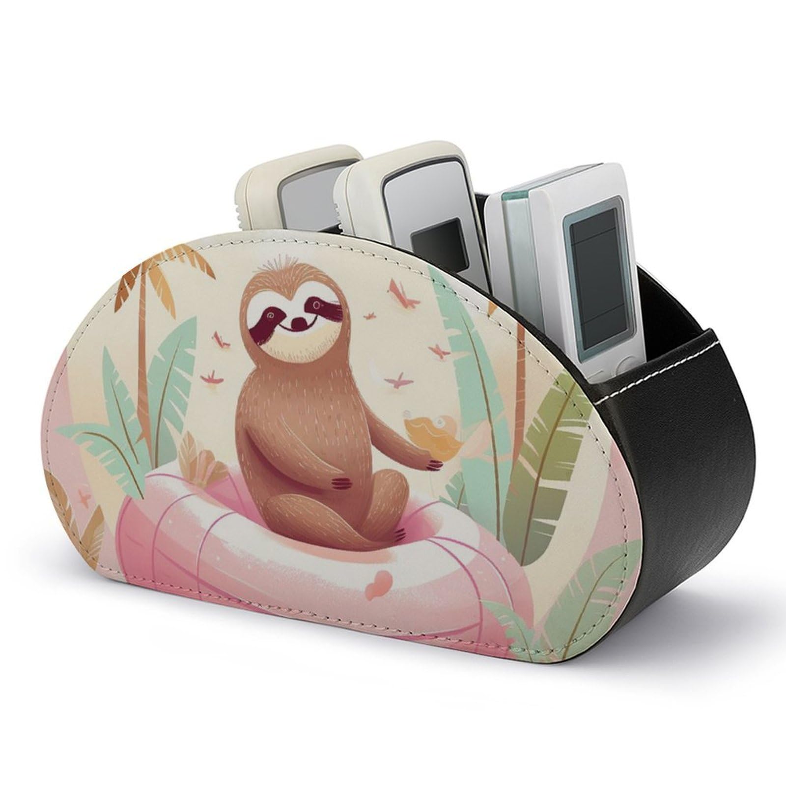 NTVOWPZO Sloth Flamingo Remote Control Holder with 5 Compartment Organizer Box, Leather TV Remote Holder Organizer Caddy for Table, PU Leather Remote Box for Nightstand Office Desk Storage Box