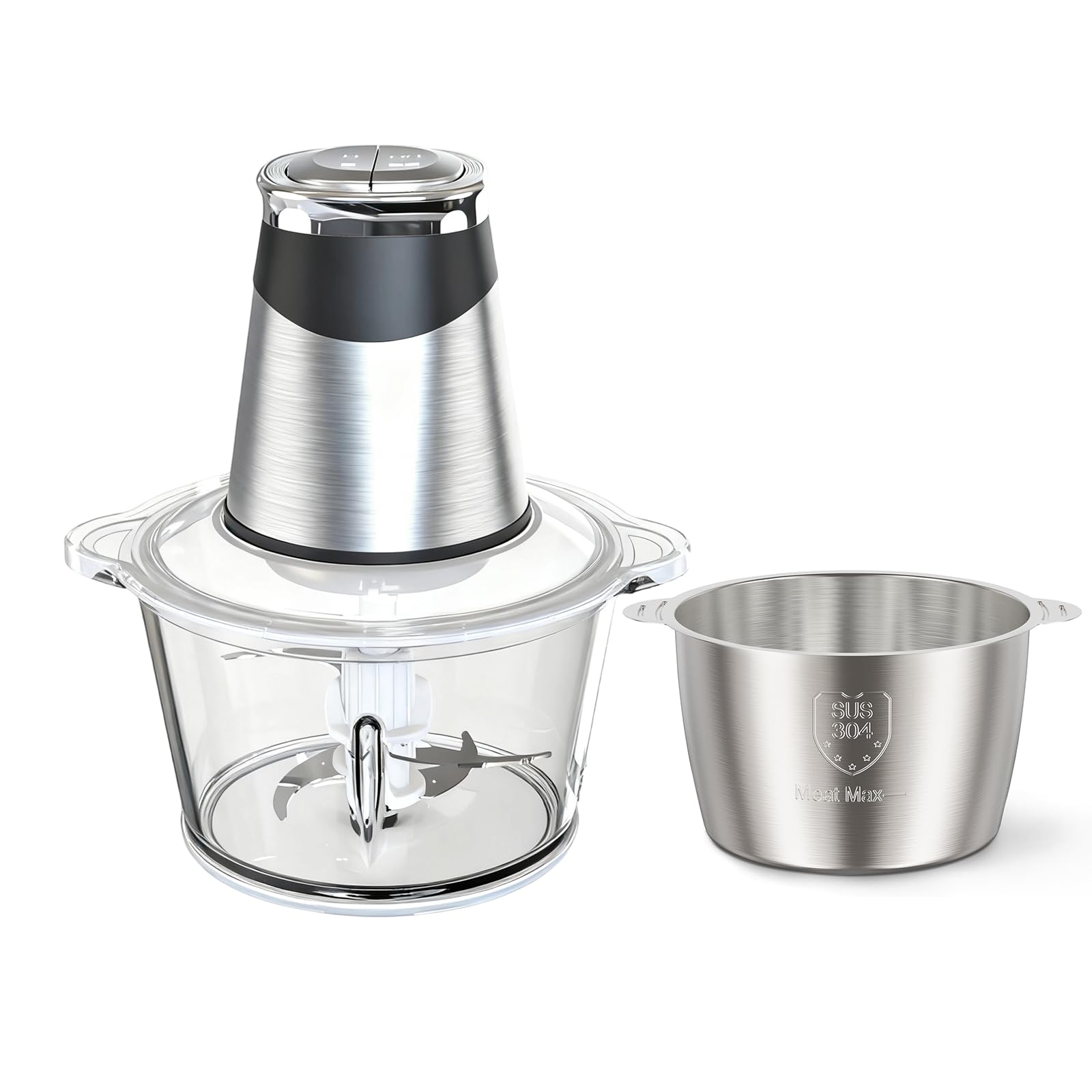 MEGAWISE Electric Food Processor, 800W Meat Grinder & Vegetable Chopper - 2 Bowls (3L Stainless Steel + 3L Glass) with 4 Blades, Dual-Speed Food Chopper for Meat, Fruits, Vegetables, and Nuts