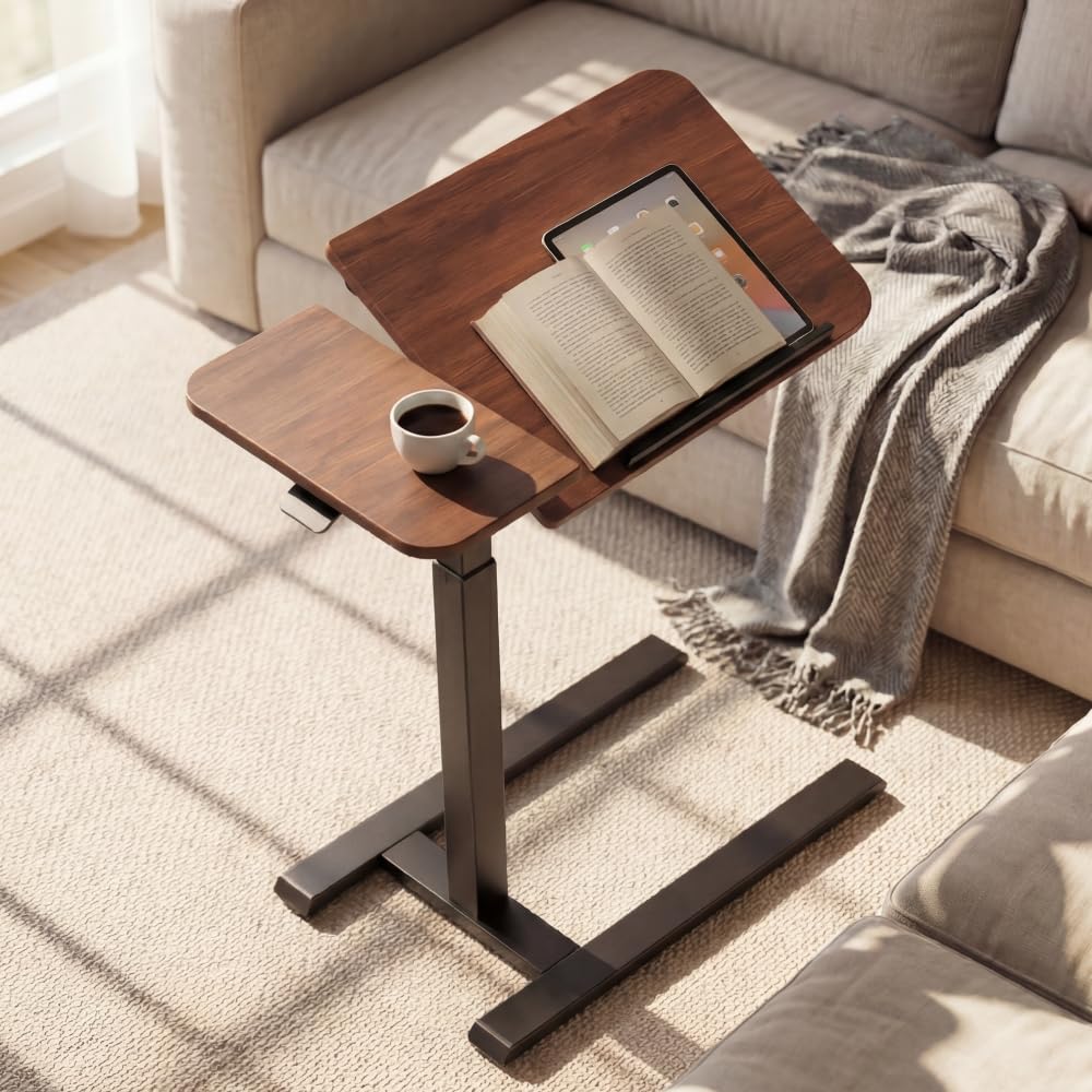 Viviendo Table de lit à roulettes, Marron, réglable 68–108 cm avec vérin à gaz, Table d’appoint avec Plateau inclinable, Table pour Ordinateur Portable, lit, canapé, Salon et Bureau, 70 x 40 cm