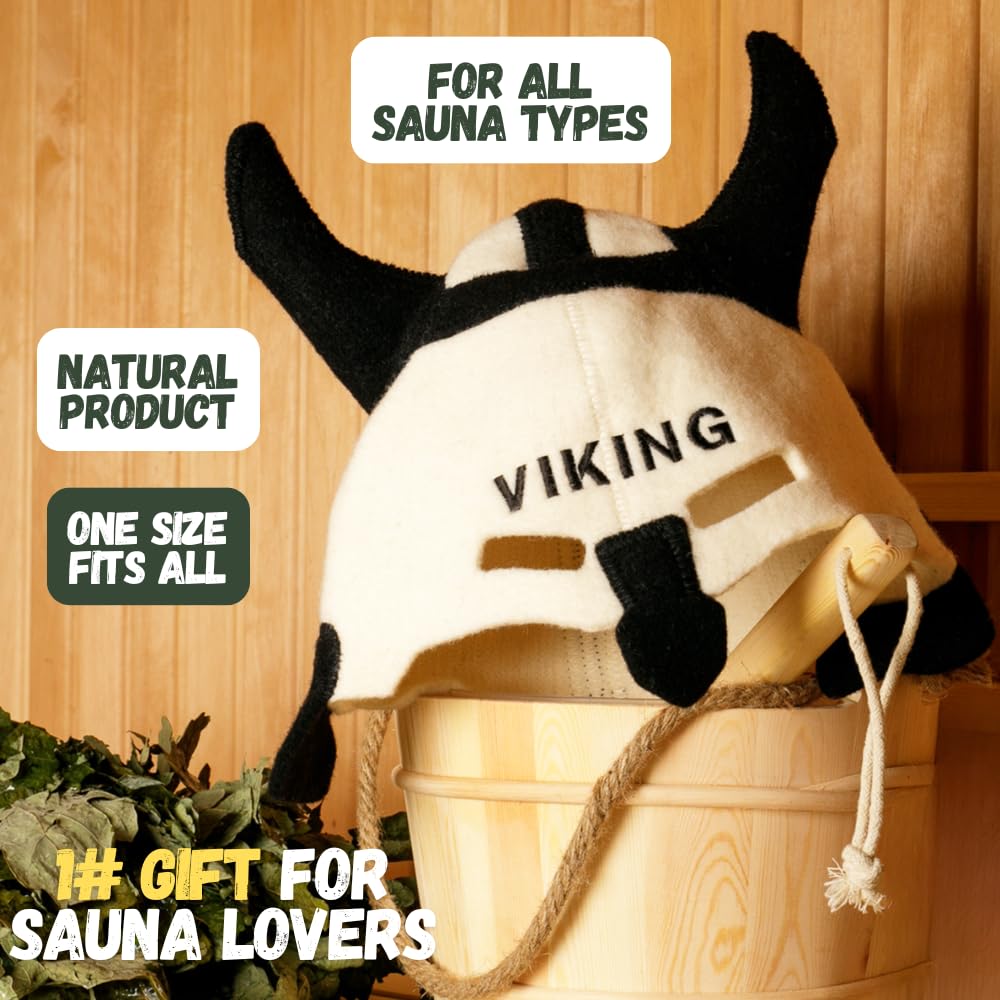 Saunahut 'Sauna Viking' White - 100% organische Wollfilzmützen - Schützen Sie Ihren Kopf vor Hitze - Englische Sauna E-Book Handbuch inklusiv - mit Stickerei