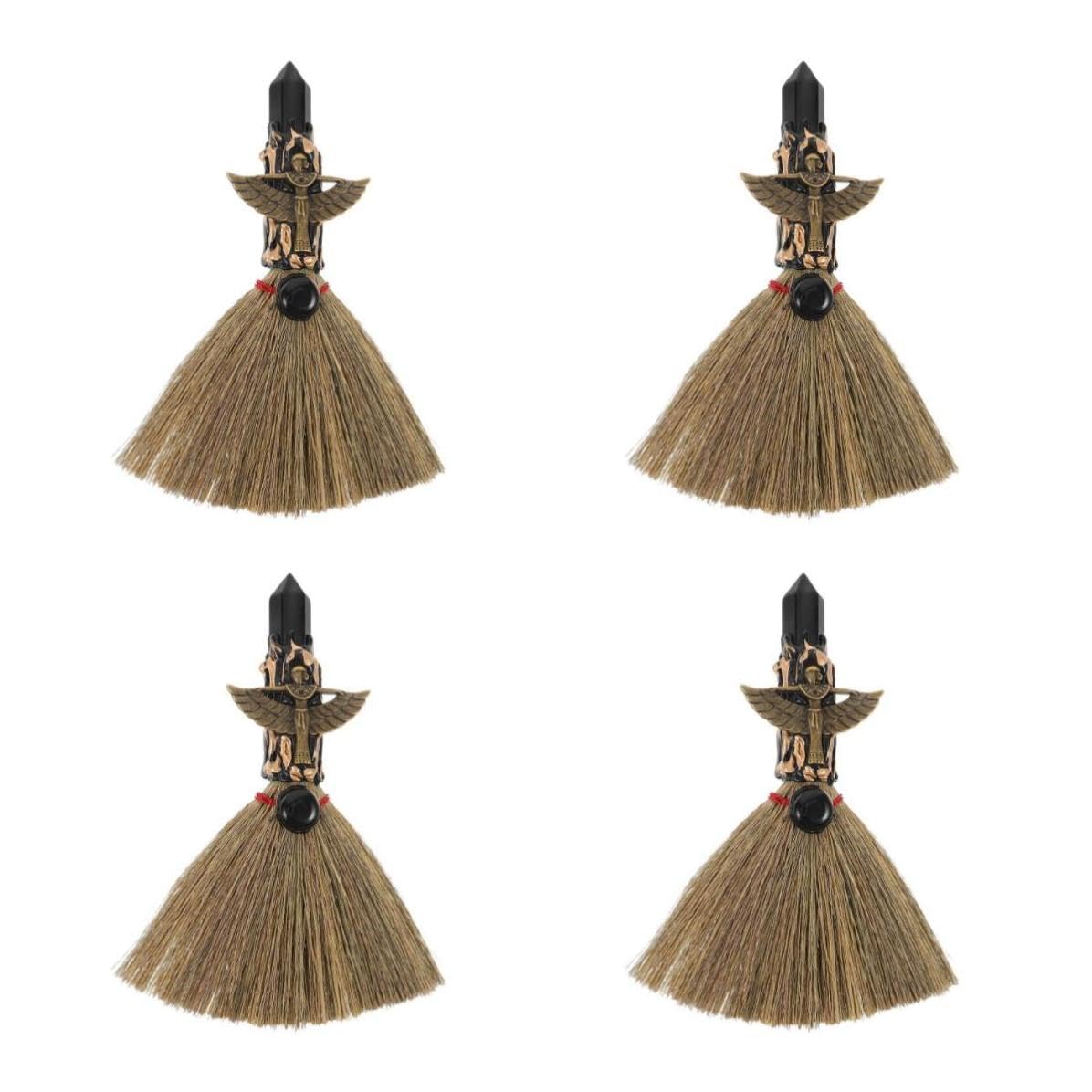 SEWACC 4 Piezas Escoba de Mano Natural de Obsidiana Negra y Palma para Limpieza de Escritorio, Mini Escoba Mágica Artesanal Diseño Único para Decoración y Uso Personal