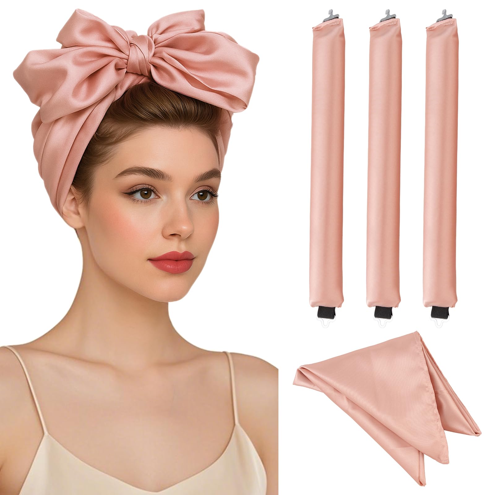 Heatless Hair Curler for Long and Short Hair Heatless Curls Overnight Hair Curlers to Sleep in No Heat Hair Curls with Silk Scarf（Khaki,Set of 3）