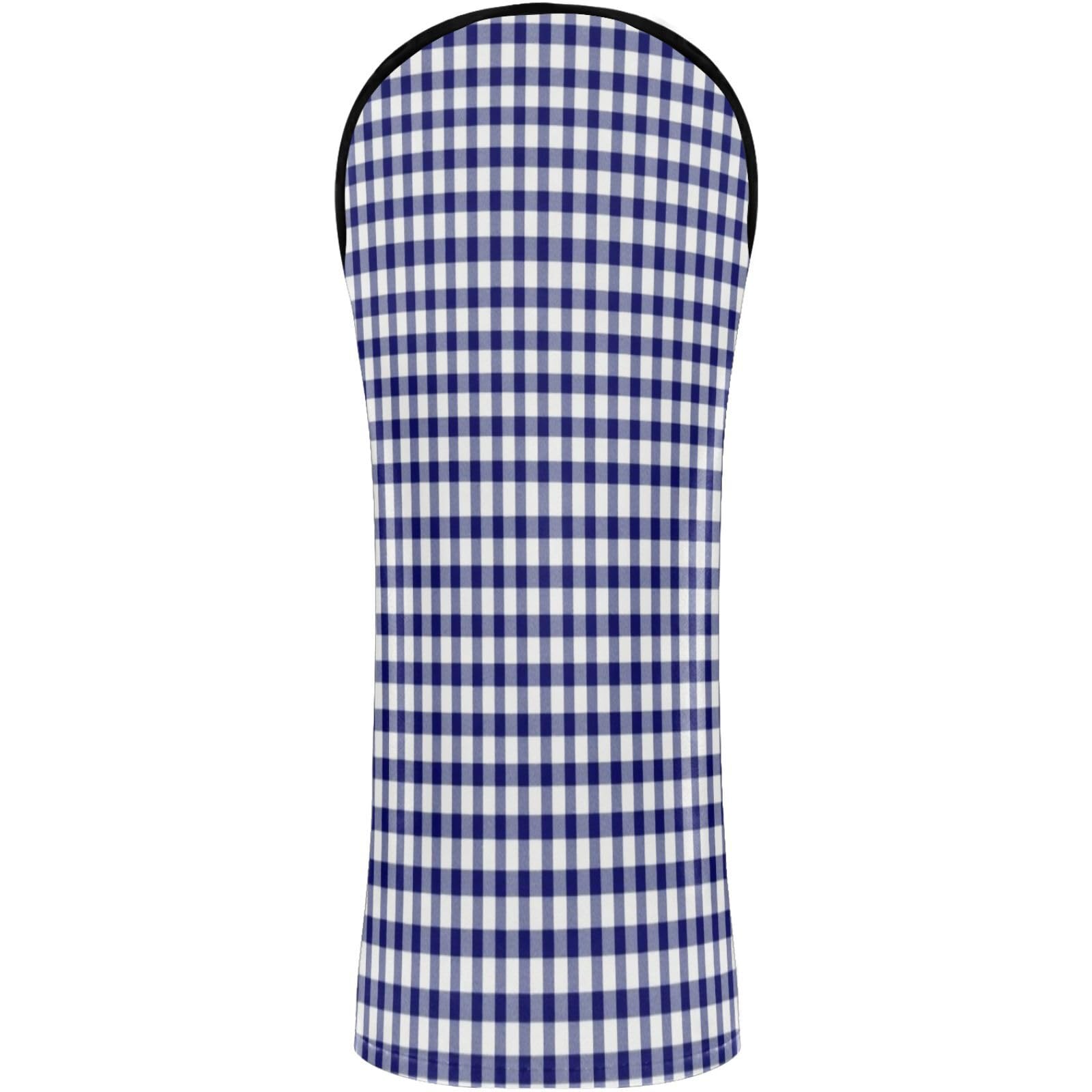Golf Club Head Cover Headcover with Interchangeable No. Tags for Woods and Driver Fairway Hybrid Navy Blue and White Buffalo Plaid Gingham Check Pattern