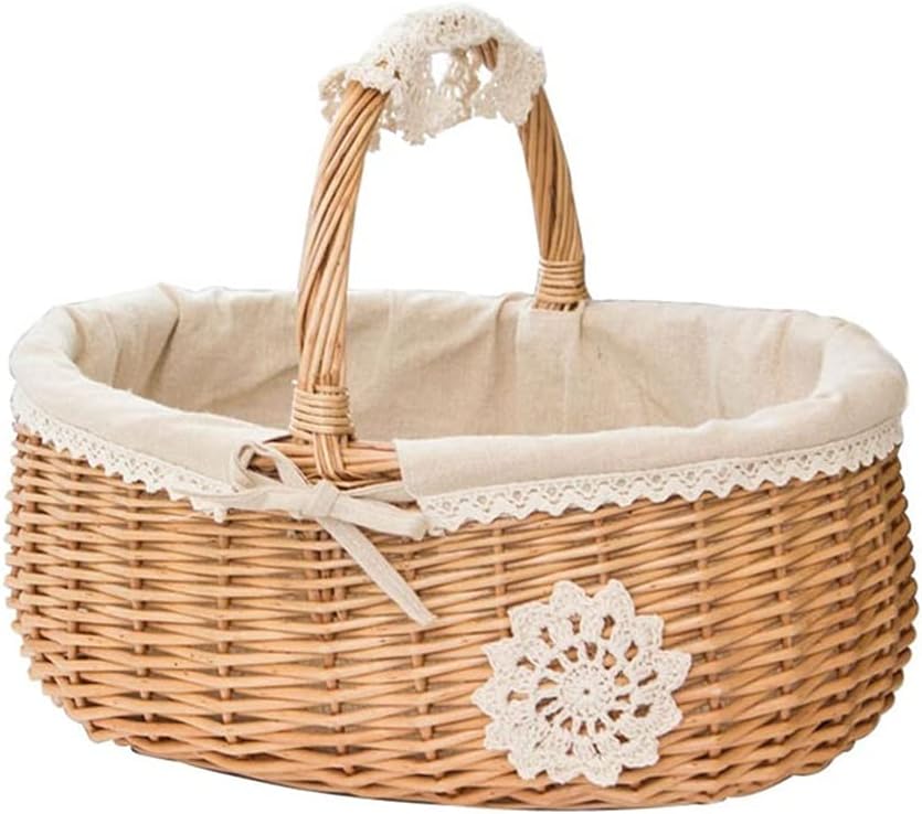 Picnic Wicker Basket Fruit Rattan Storage Box Snacks Tea Basket Willow and Cloth Storage Basket with Lid (Color : Brown, Size : ONE Size) (Brown One Size)