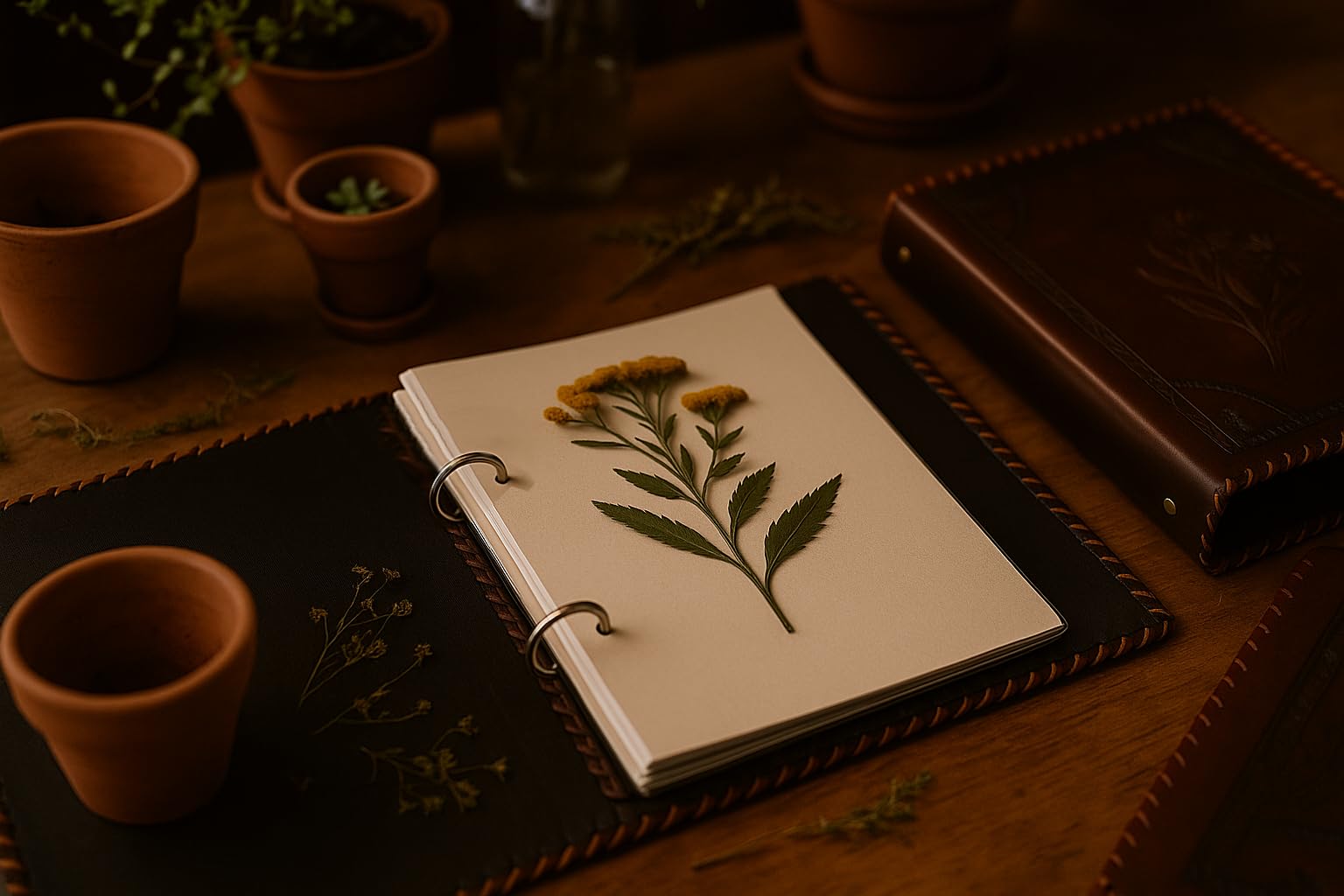ROOGU Classeur en cuir A5 - Motif floral - Design Herbarium - Fabriqué à la main en Inde - Classeur à anneaux en cuir de buffle - 2 anneaux DIN A5 pour notes et documents