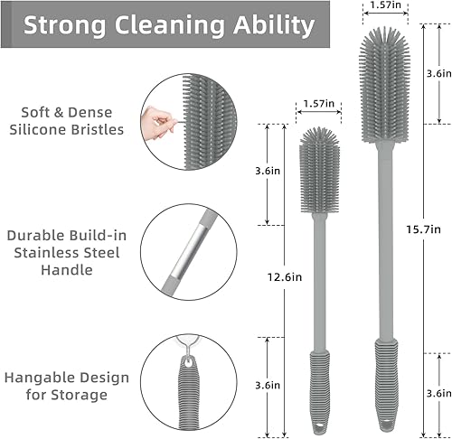Miniatura 5 de Cepillo de limpieza de botellas de silicona  Paquete de 2  15.7 pulgadas + 12.6 pulgadas Cepillo limpiador de botellas de agua para Hydro Flask,