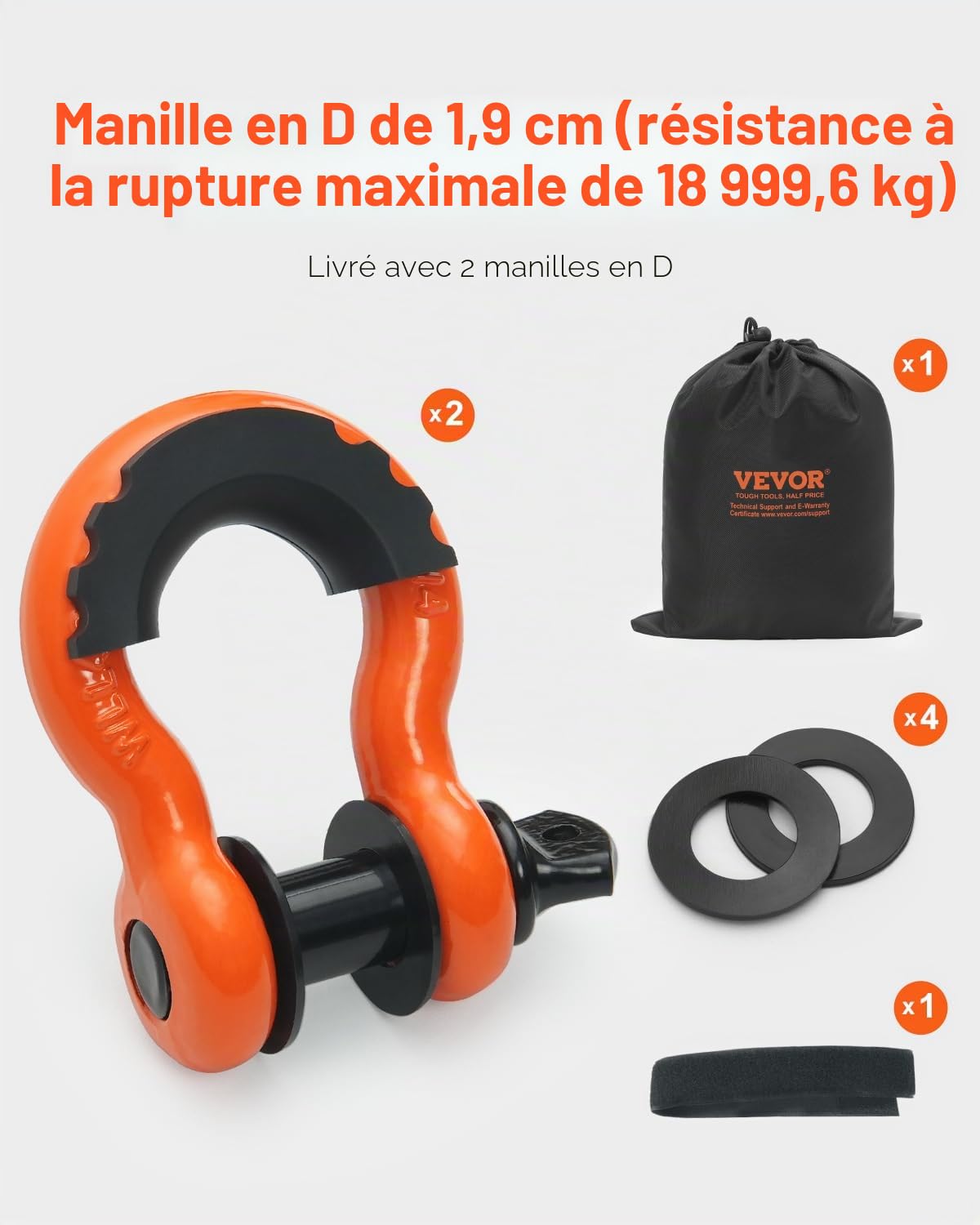 VEVOR Sangle de Remorquage Récupération Cinétique, 76,2 mm x 6,1 m, Résistance à la Rupture 16329 kg, avec Manchons de Protection, Sac de Rangement, Manilles à Anneau D 19 mm, pour Camions, SUV, VTT