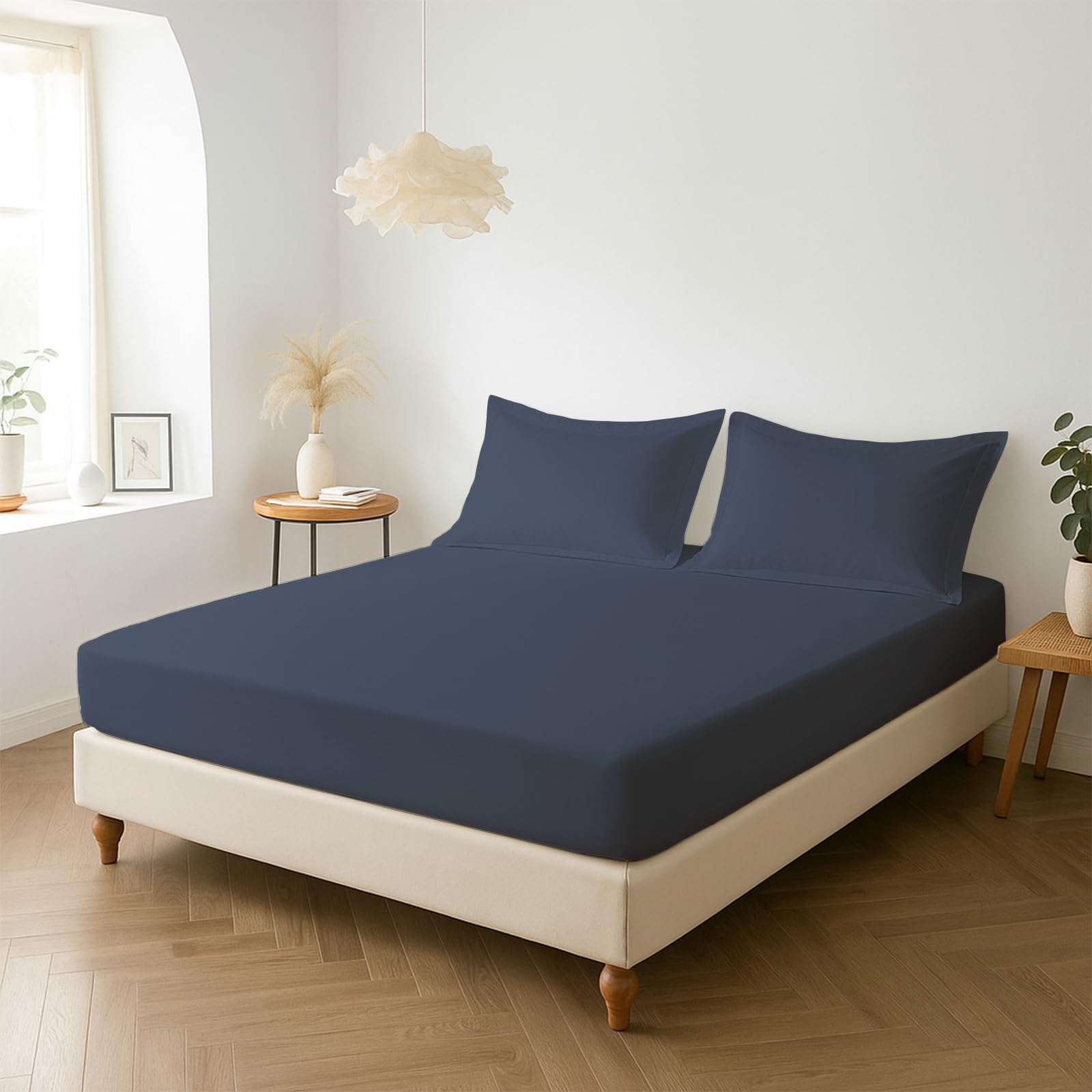 Pizuna Percale Fitted Sheet Double 140x200 cm with 2 Pillowcases, Dark Blue, 100% Long Staple Cotton, Crisp Percale Weave, 40 cm Deep Fitted Sheets Double Bed