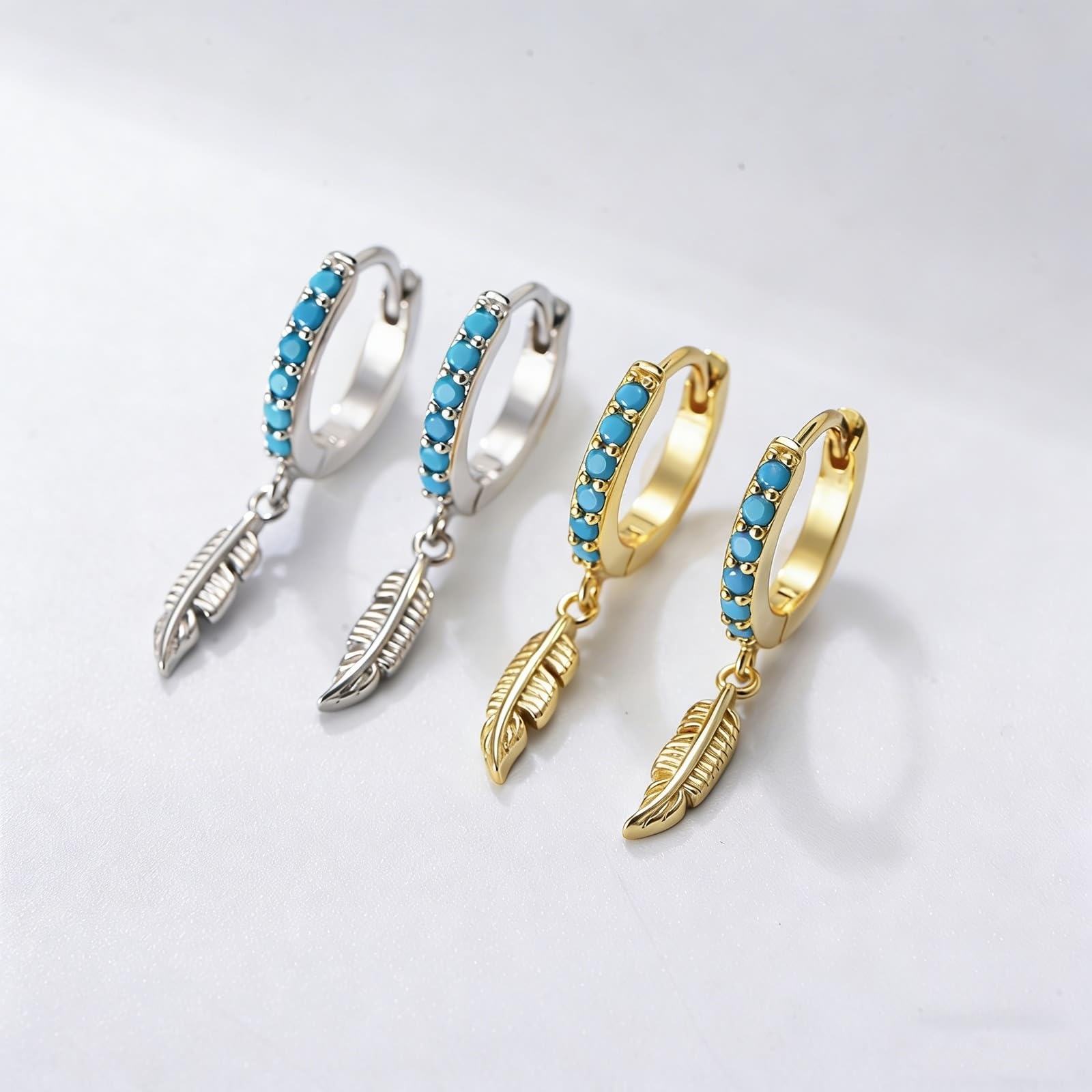 Pendientes de oro blanco de 9 K/14 K/18 K/PT950, joyas auténticas con turquesa redonda, pluma de aro