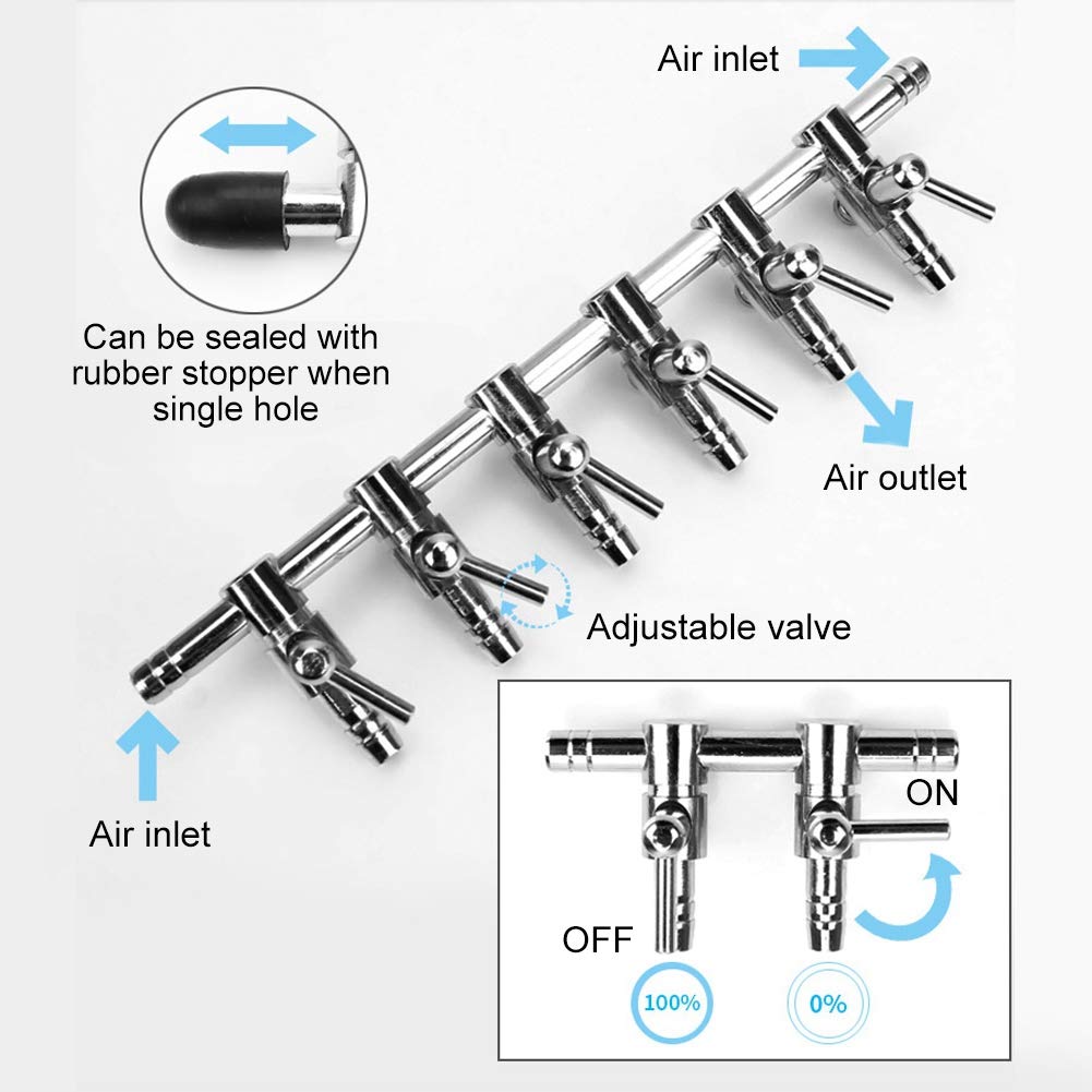 Splitter Per Aria Acquario 6 Vie In Acciaio Inox - Valvola Di Controllo Individuale, Per Pompe Ossigeno, Diametri 4mm/8mm