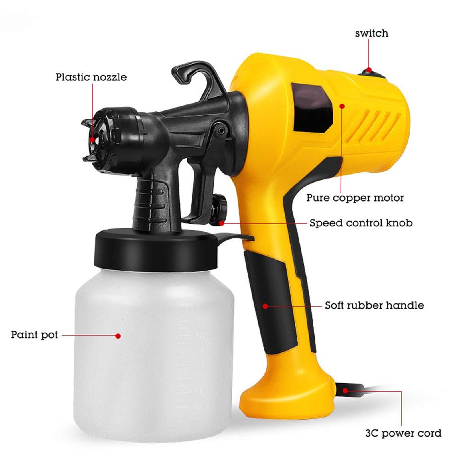 Pistola De Pintura, Pistola De Pulverización Eléctrica, Alta Potencia De 400W Con Flujo Máximo De 1000Ml/Min, 3 Modos De Pintar, Fácil De Rociar Y Limpiar,Amarillo