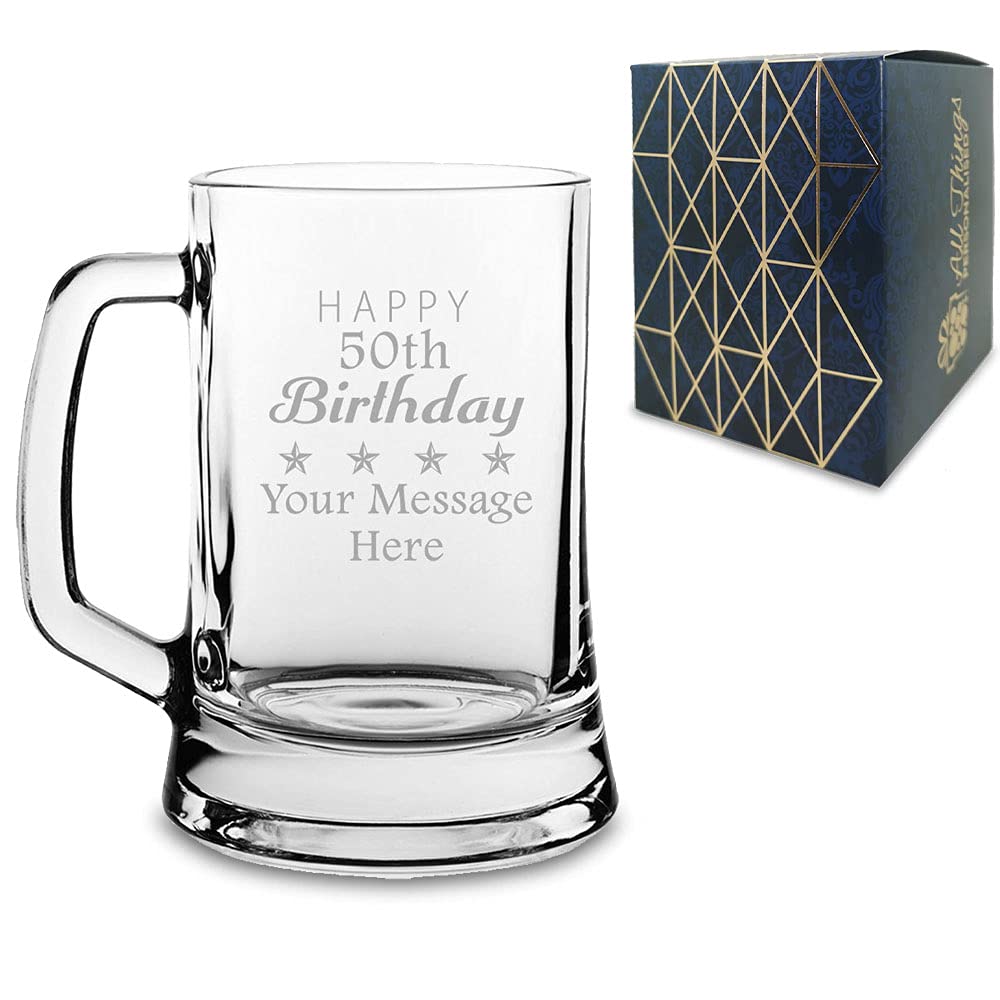 Personalised Engraved Novelty Beer Mug/Tankard with Birthday Design, Comes with Presentation Gift Box, Personalise for Any Birthday Year, Just Add Name or Message