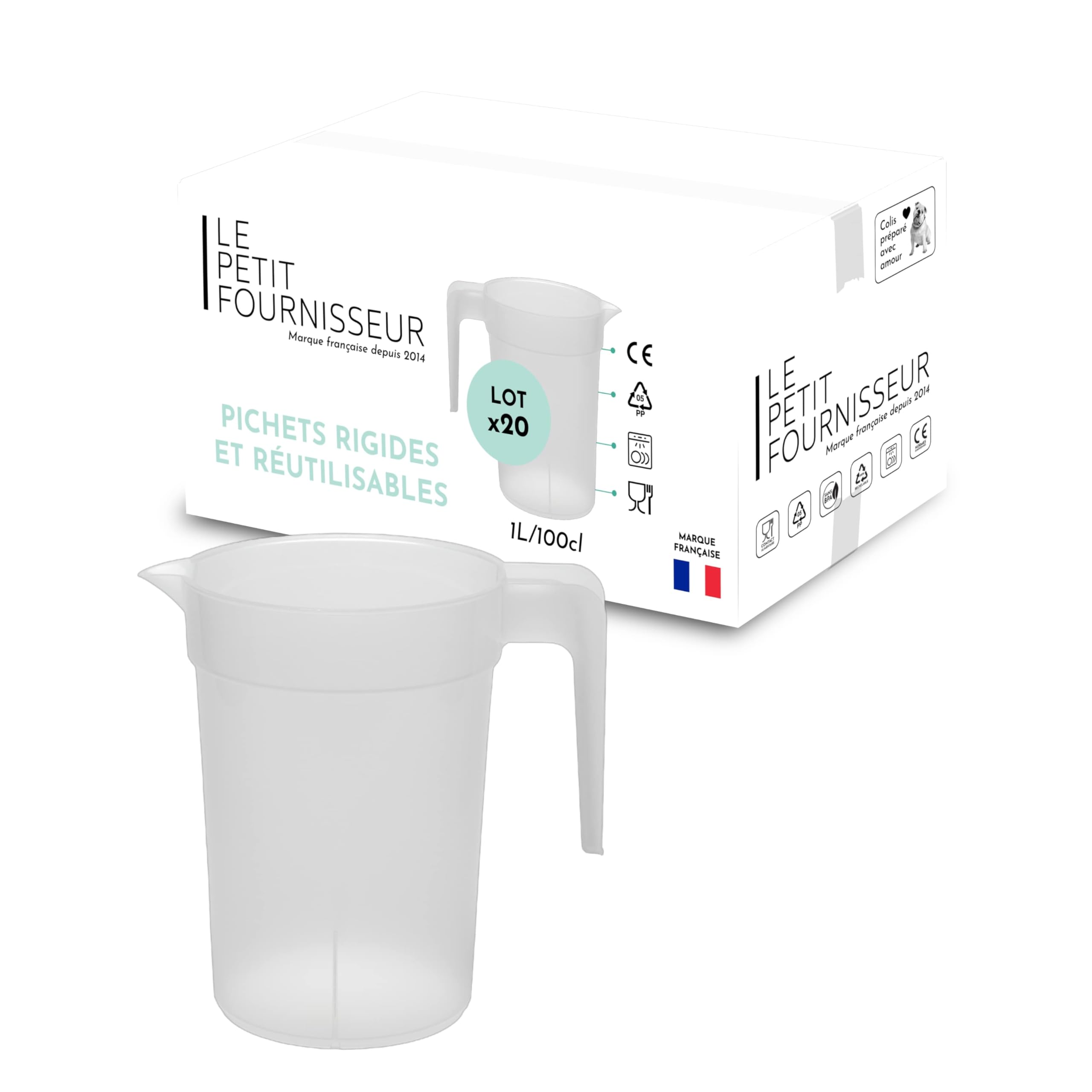 LPF LE PETIT FOURNISSEUR - Lot de 20 Pichets réutilisables 1 Litre - Polypropylène plastique alimentaire rigide (PP) - Carafe à eau, thé glacé, boissons - Compatible lave-vaisselle - Transparent Givré