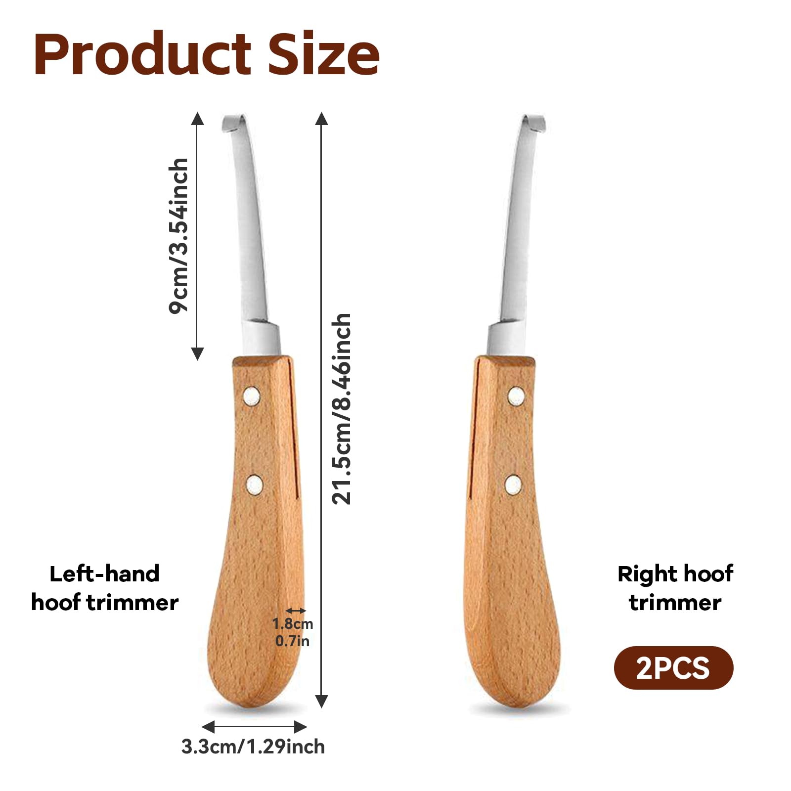2 piezas Cuchillo para Pezuñas, 21.5 CM Cuidado de Los Cascos Acero Inoxidable Zurdos y Diestros, Herramientas para Recortar Pezuñas con Mango de Madera para Ganado Vacuno, Ovino y Equino