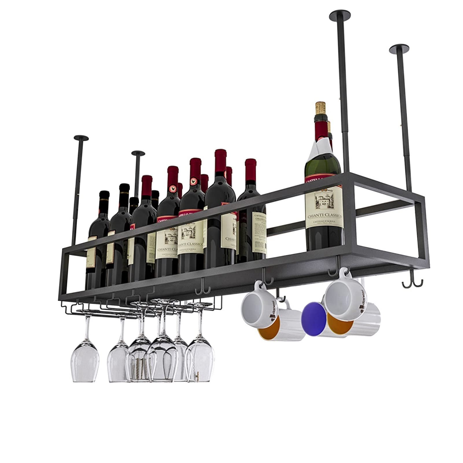 Unité de bar suspendue au plafond en métal noir avec casier à vin