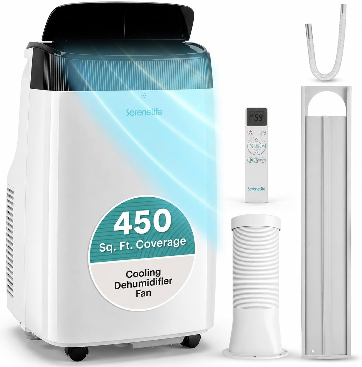 Small Air Conditioner Portable 10,000 BTU with Built-in Dehumidifier - Portable AC unit for rooms up to 450 sq ft - Remote Control, Window Mount Exhaust Kit