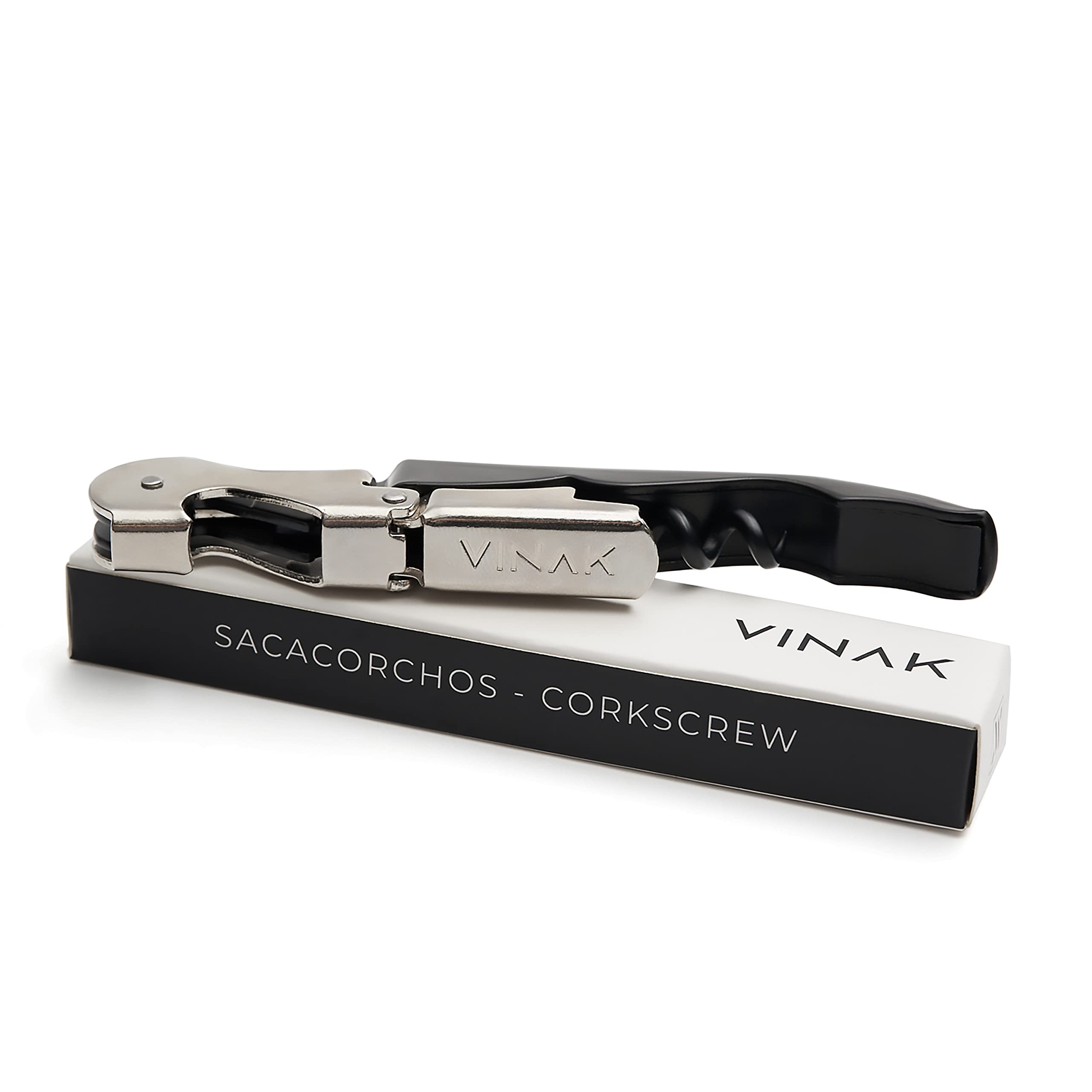 VINAK - Sacacorchos CAMARERO profesional en acero inoxidable con abrebotellas + doble apoyo articulado + navaja cortacápsulas y espiral teflonada (Negro)