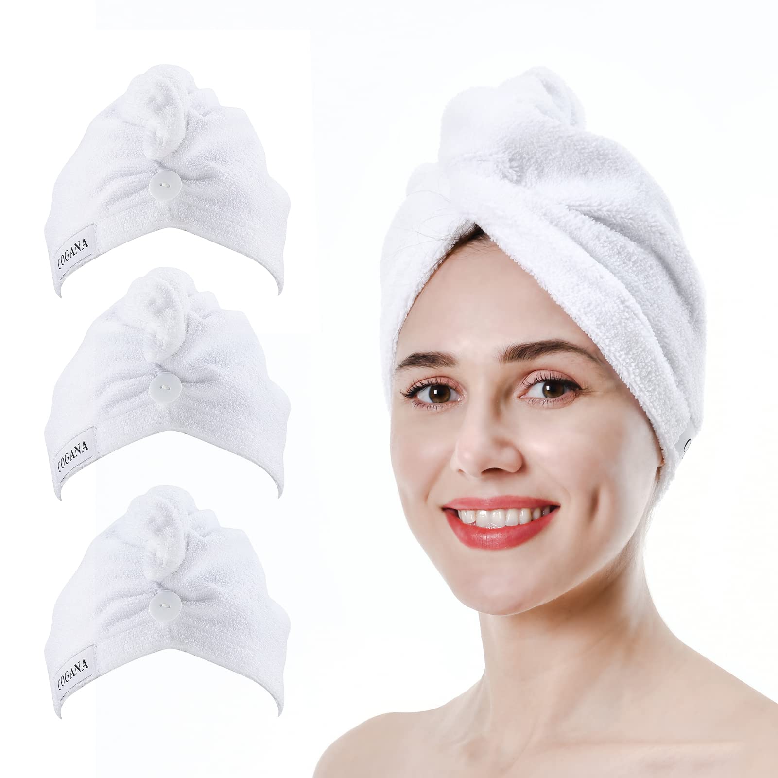 COGANA 3Pack Microfiber Hair Towels, Hair Towel Wrap for Women, Hair Drying Towel with Button, Hair Wrap Towel for Curly Hair, Hair Turban for Wet Hair (White 3 Pack, 10Wx28L)