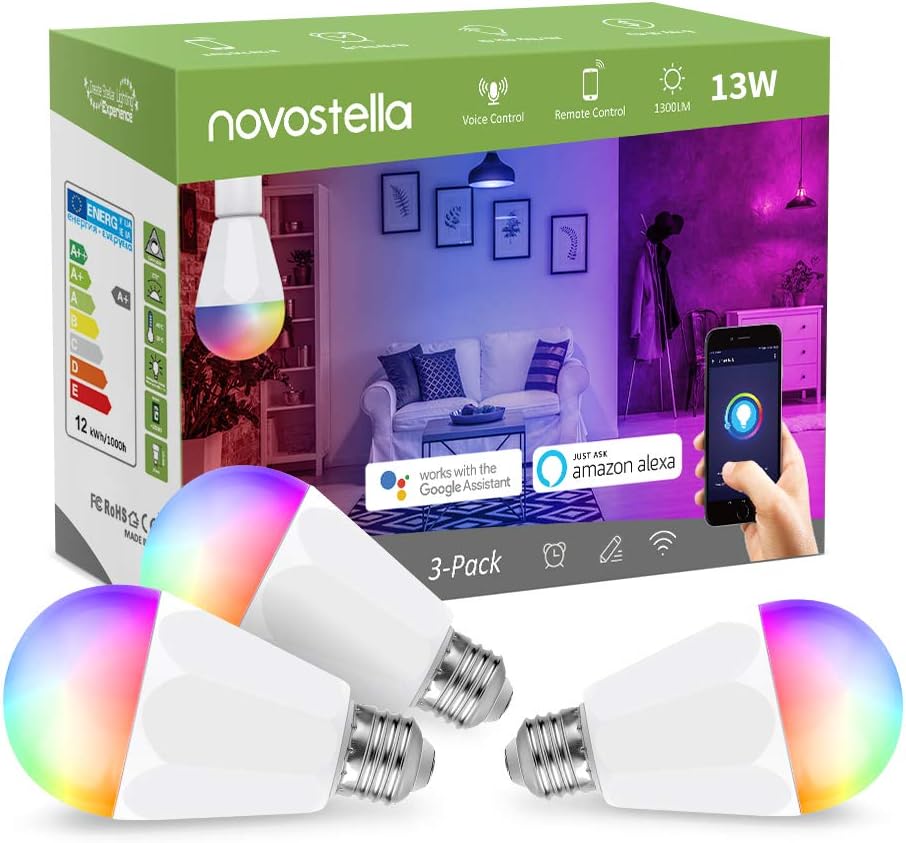 Novostella E27 LED Tunable Smart Bulb RGBCW, 1300lm 13W Brightest WiFi Bayonet Bulb, Dimmable, Work with Alexa Google Home (RGB+2700-6500K White, 120W Hal Bulb Equivalent, 3Pack No Hub Required) [Energy Class A+]