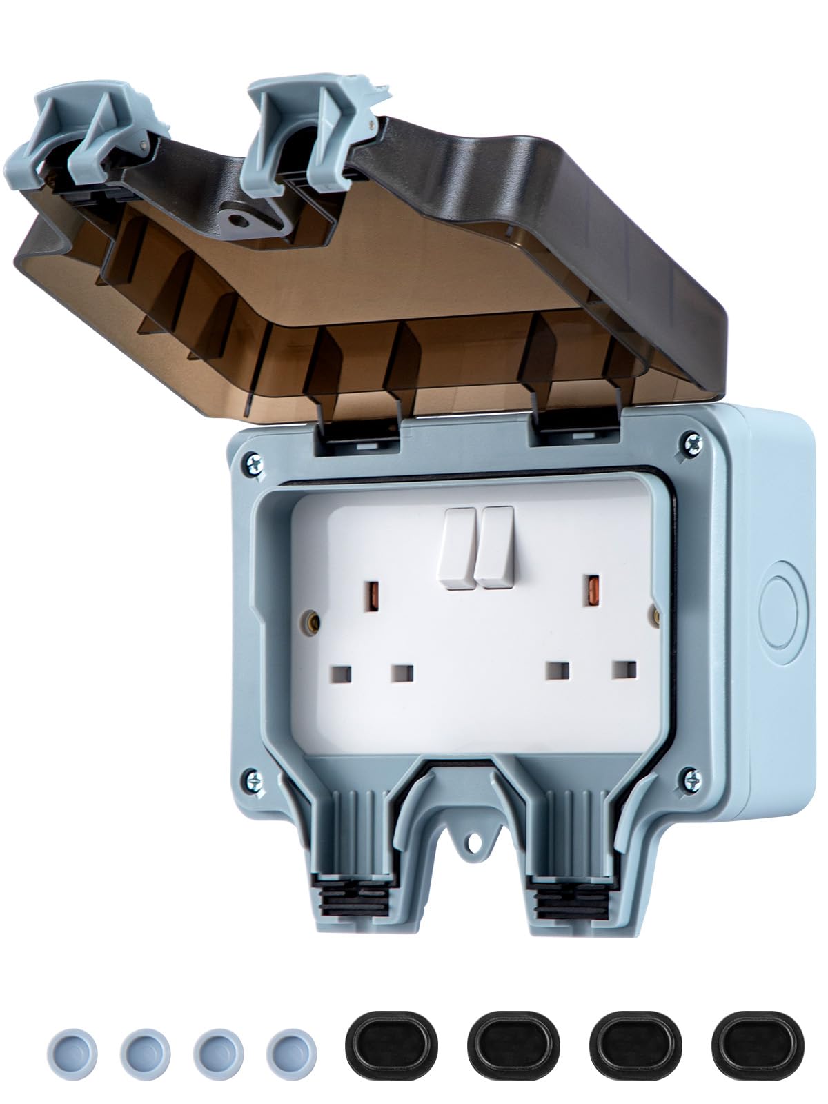 Holdfiturn Outdoor Socket Weatherproof - IP66 Waterproof Double Socket Extension Lead, Switched Wall Electrical Outlet - 2 Gang Power Socket, Garden Outside Plug Sockets Cover Box (wireless)