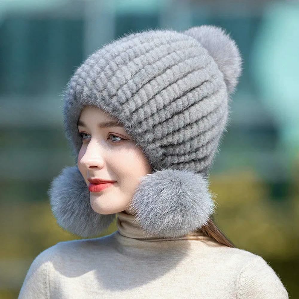 QXDZSW Bonnet chaud d'hiver en fourrure de vison pour femme avec pompon en fourrure de renard sur le dessus