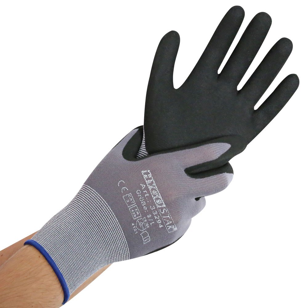 12 Stück Hygostar Feinstrickhandschuhe Ergo Flex | Nitril-PU-Beschichtung, grau-schwarz, 8/M, L: 24cm, Montagehandschuhe, Industriellenhandschuhe, Schutzhandschuhe, Arbeitshandschuhe, Nitrilhandschuhe