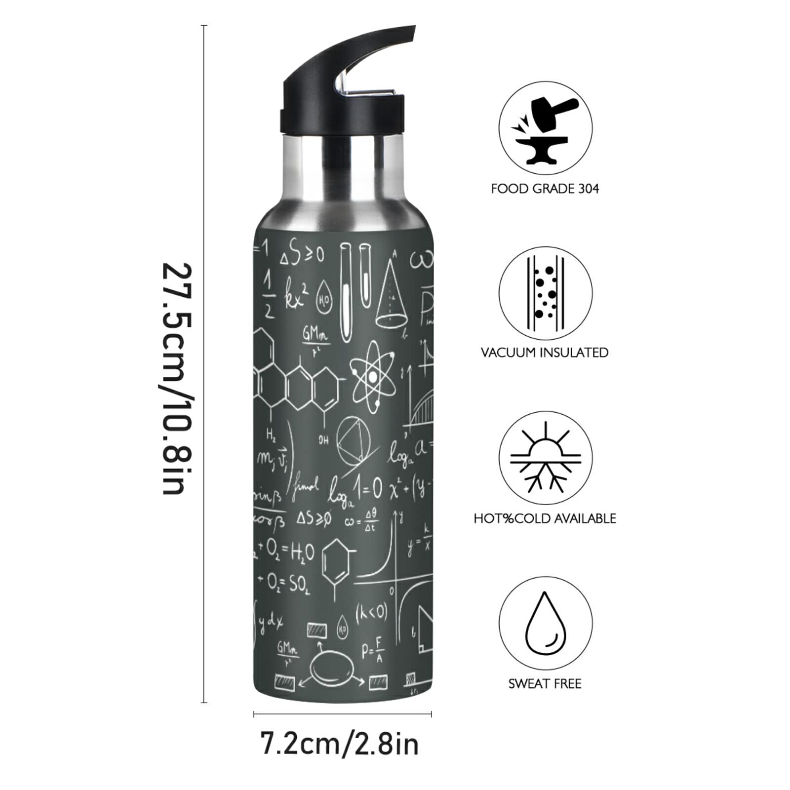Mnsruu Física Química Matemática Fórmula Botella de Agua Deportes con Pajita, Botellas Termica Acero Inoxidable 600ML Sin BPA para Niños Deportiva Gimnasio Ciclismo Escuela