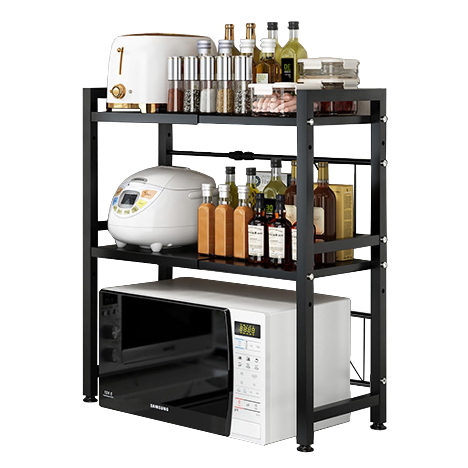 Estantería para microondas, 2 Niveles, Ajustable, 42 – 64 cm, 75 kg de Capacidad de Carga de Acero Inoxidable, Altura Regulable, Estante de Cocina con Gancho (Negro)