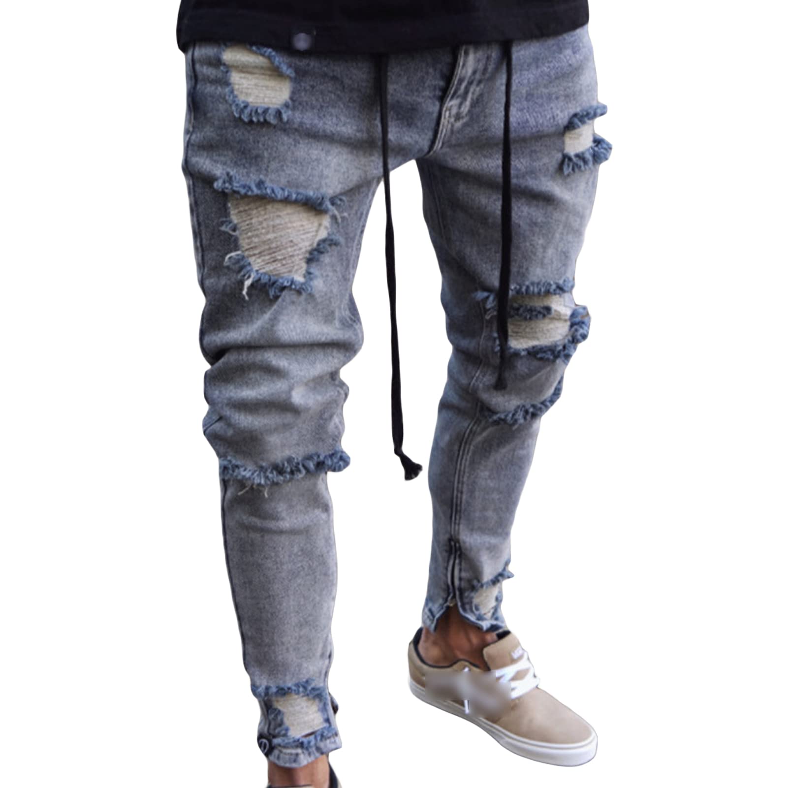 Maiyifu-GJ Mens Ripped Slim Tapered Leg Jeans Knee Holes Hip Hop Denim Pencil Pant Skinny Distressed Destroyed Stretch Jean (Light Blue 1,Small)