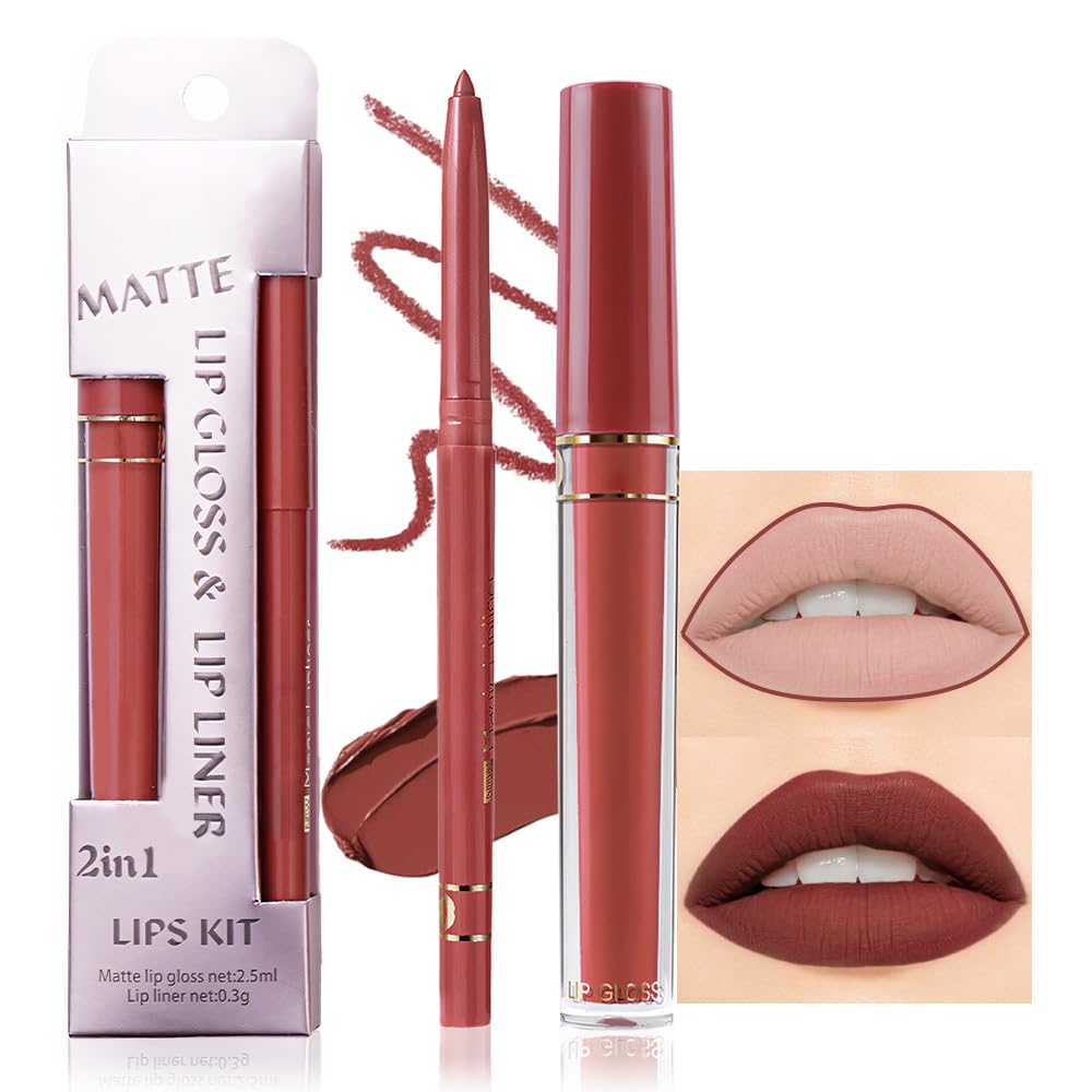 evpct 2Pcs Dark Brown Red Matte Lip Liner and Lipstick Lip Gloss Makeup Set Kit for Women, Red Matte Lipstick Kit with Lip Liner Stains Long Lasting Waterproof 24 Hour Lipstick and Lip Liners Pencils
