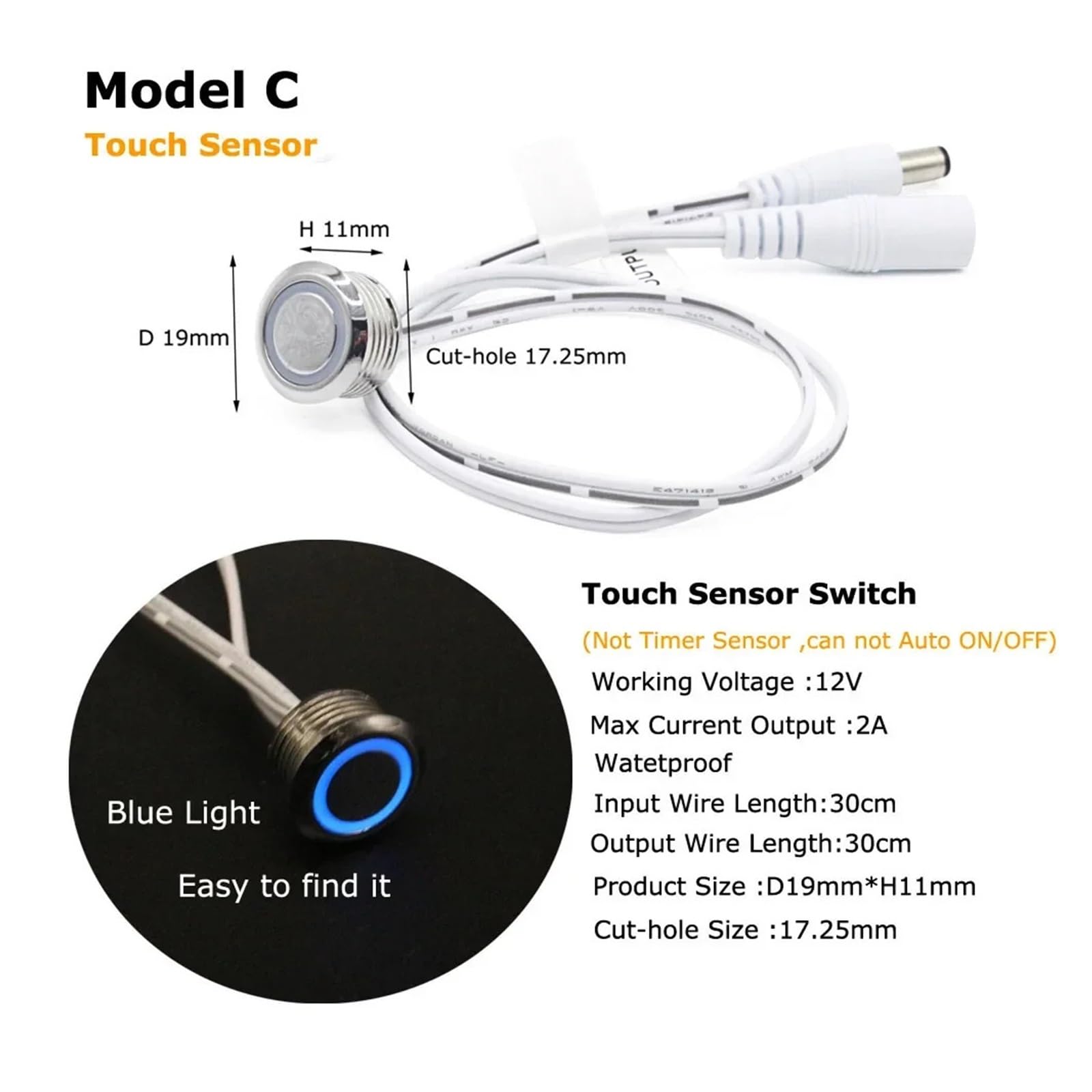 Sensore di movimento Interruttore della luce 12V Sensore di movimento tattile da 12 Volt DC 12V LED PIR Striscia luminosa a LED Interruttore ON OFF(Model A2 White)