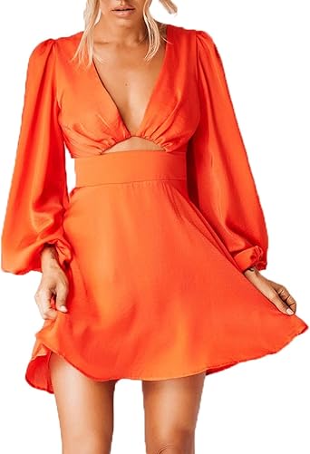 Women's Satin Long Sleeve Cut Out Mini Dress Silk Lantern Sleeve V Neck A-line Sexy Cocktail Short Dress