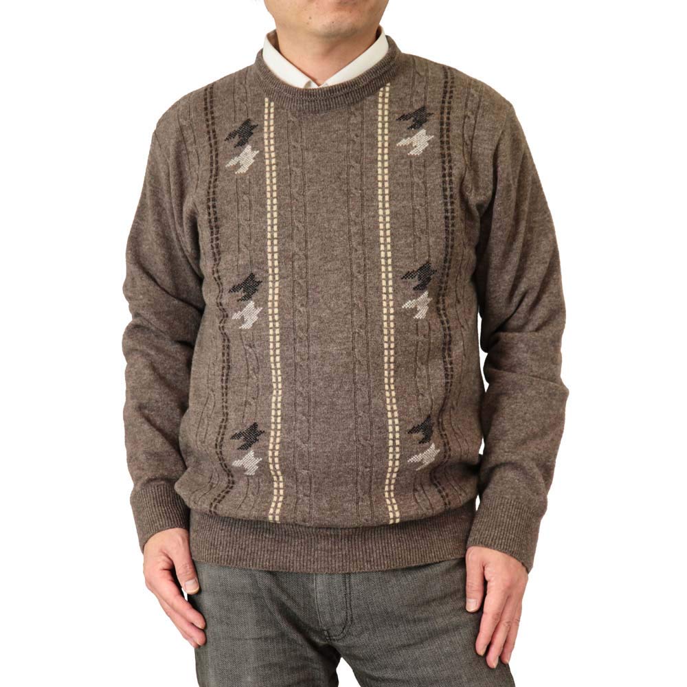 (Aspetiva) セーター クルーネック(丸首) 日本製 ウール100% 7ゲージ 変則ボーダー柄ニット 紳士/メンズ/シニア/国産 (